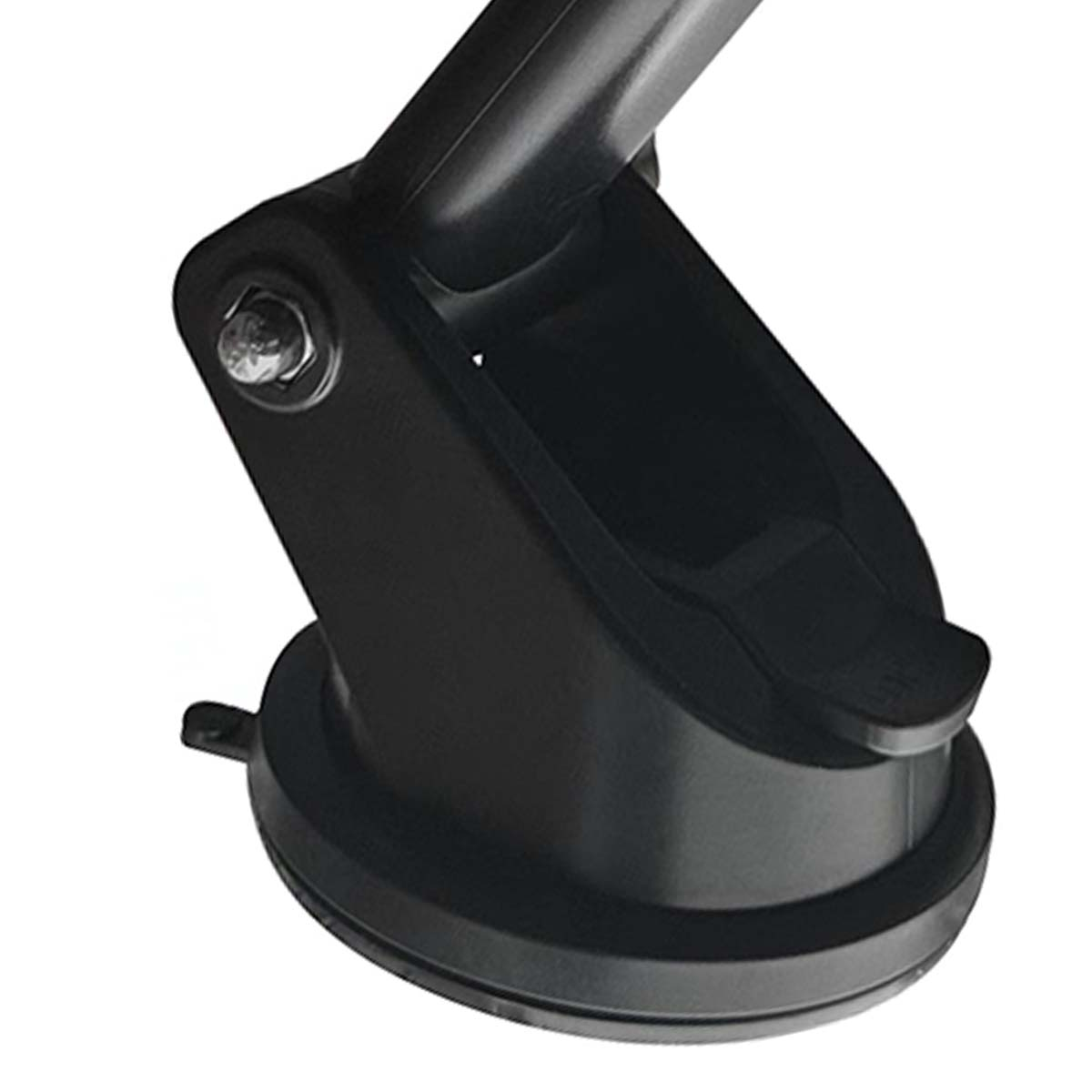Primer plano de un soporte de ventosa negro. Tiene un brazo giratorio, una base de ventosa y un perno hexagonal.