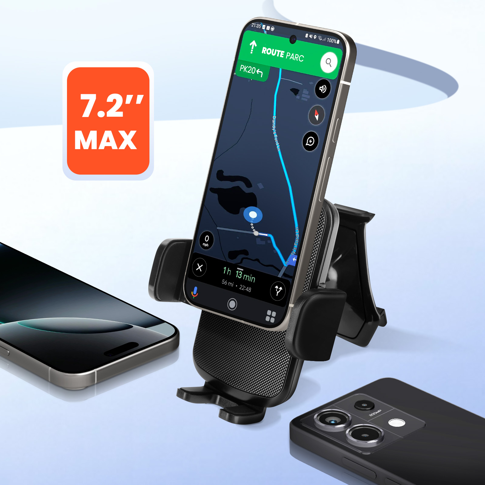 Tres smartphones: uno en un soporte para coche con mapa, uno plano y otro con cámara. Un letrero naranja muestra '7.2" MAX'.