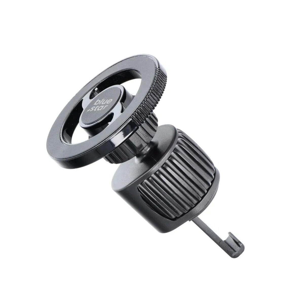 Supporto per telefono da auto nero con anello e base. L'anello ha un logo 'blue star'.