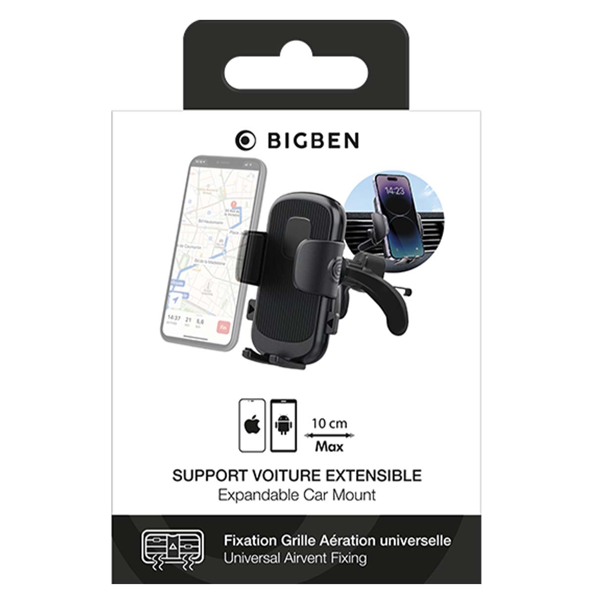 Un soporte para teléfono de coche con un teléfono que muestra un mapa. El paquete tiene el logotipo de Bigben y texto en francés e inglés.