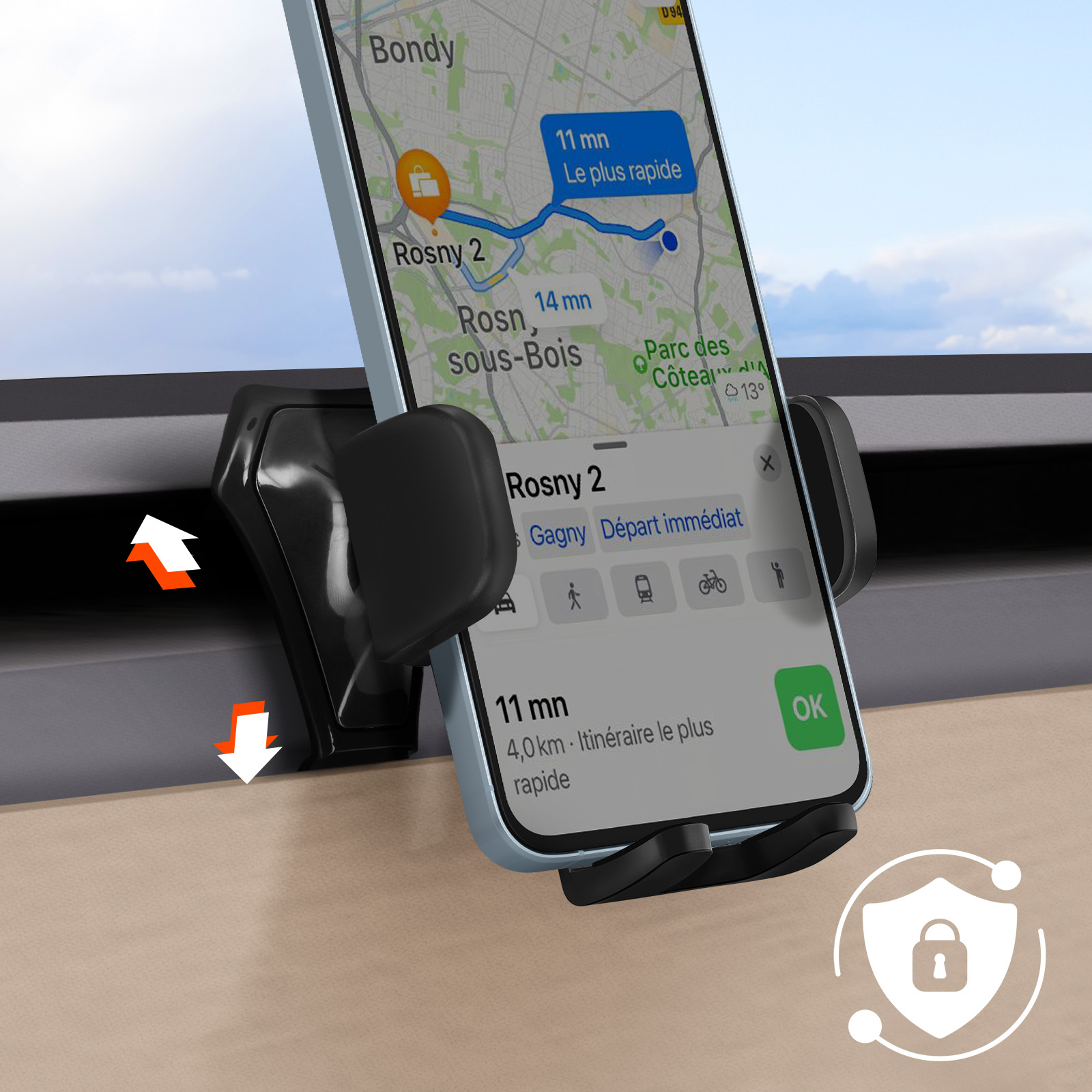 Un teléfono con un mapa, en un soporte para coche. La pantalla muestra una ruta con tiempo de viaje y distancia.