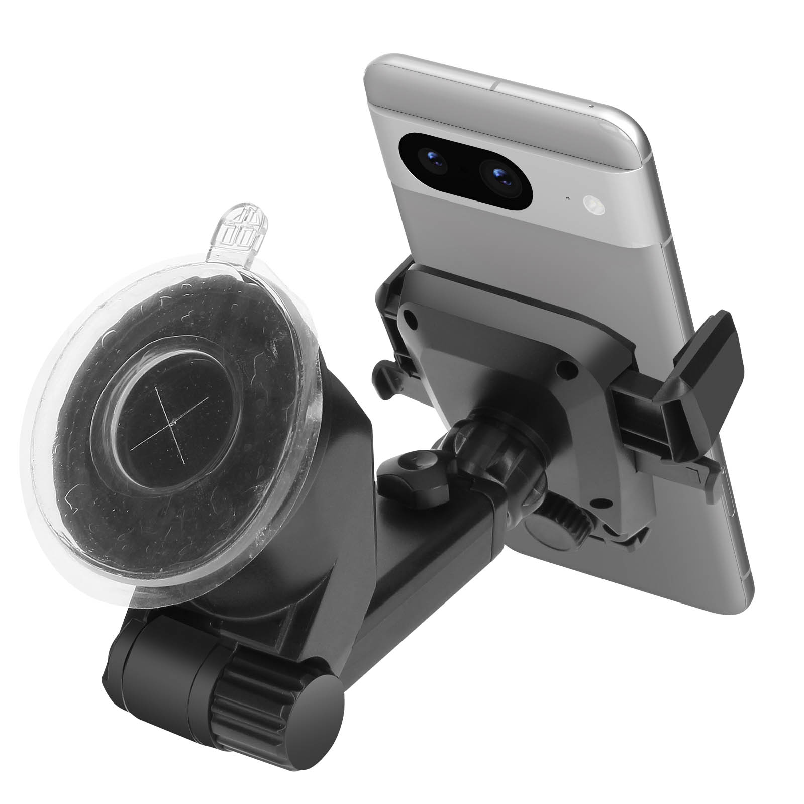 Kfz-Telefonhalter mit angeschlossenem Telefon. Der Halter ist schwarz mit einem Saugnapf. Das Telefon ist silber.