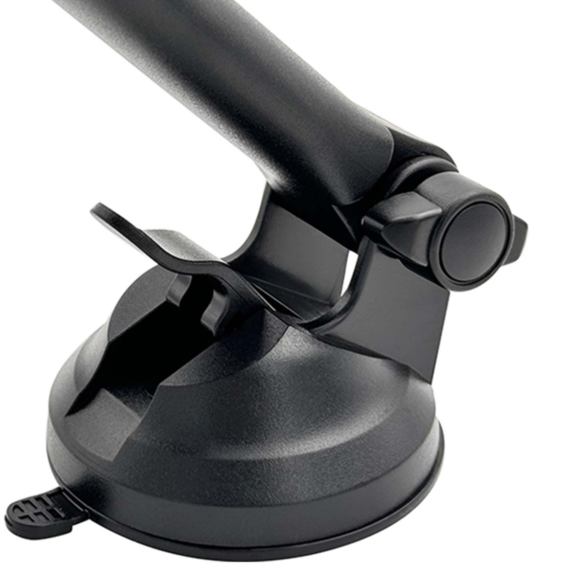Primer plano de un soporte de ventosa negro. Tiene una base redonda, una palanca y un brazo ajustable. El fondo es blanco.