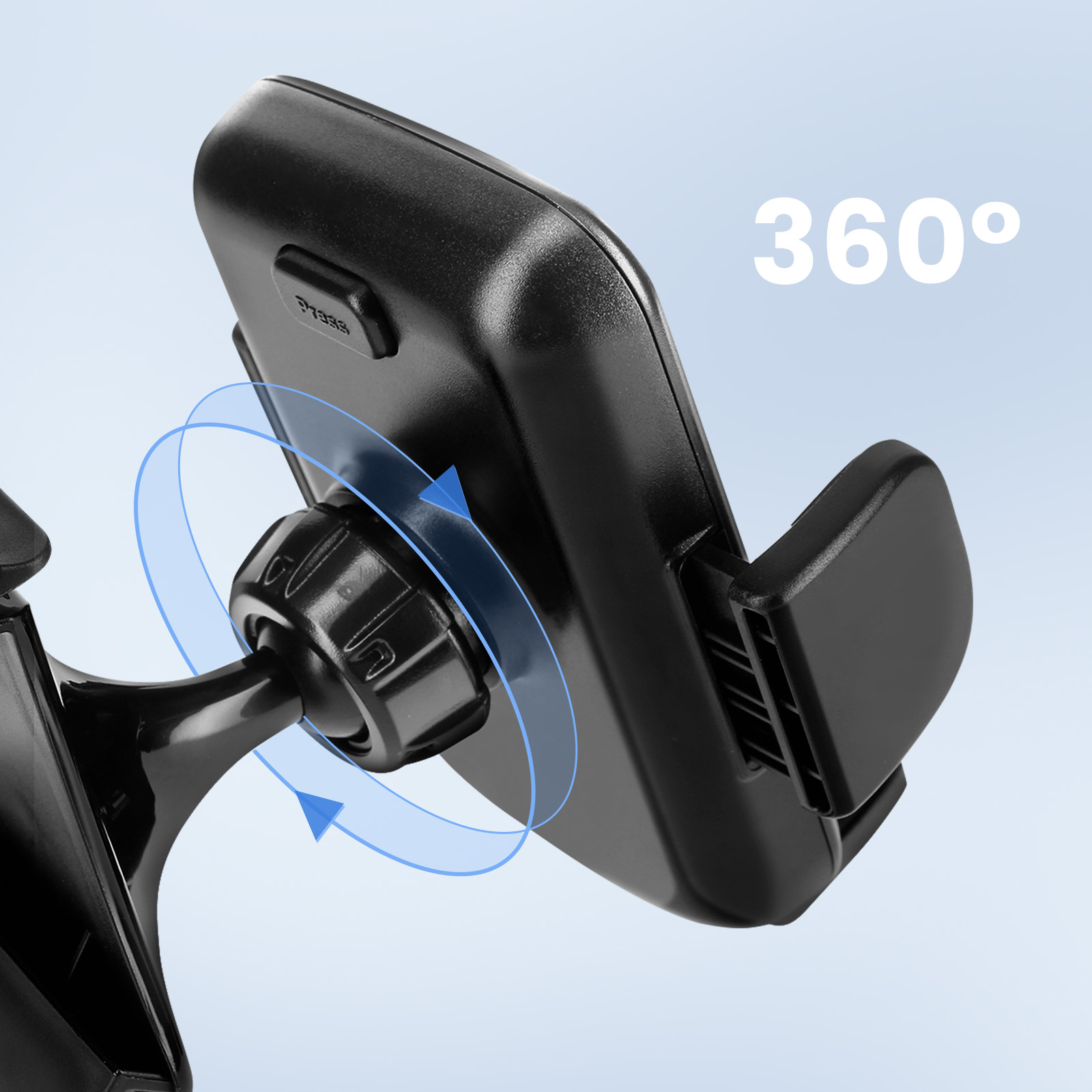 Un soporte para teléfono negro con rotación de 360°. Las flechas indican movimiento. El texto dice 360°.