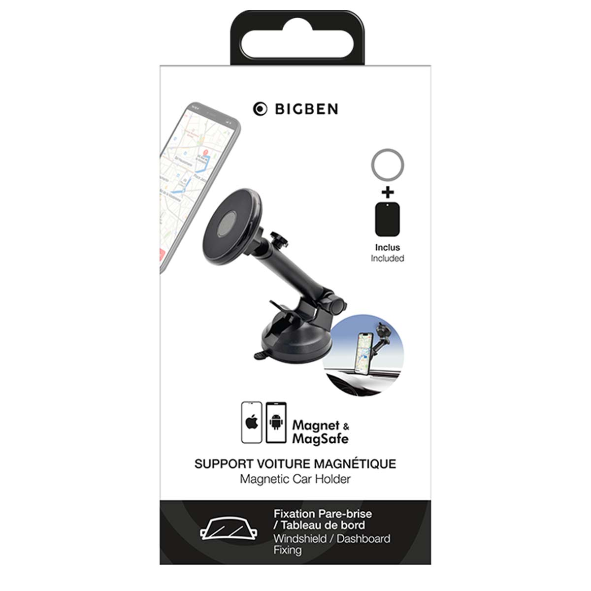 Una caja con un soporte para teléfono de coche. El soporte es negro con una base de ventosa. Texto: 'BIGBEN', 'Magnet & MagSafe'.