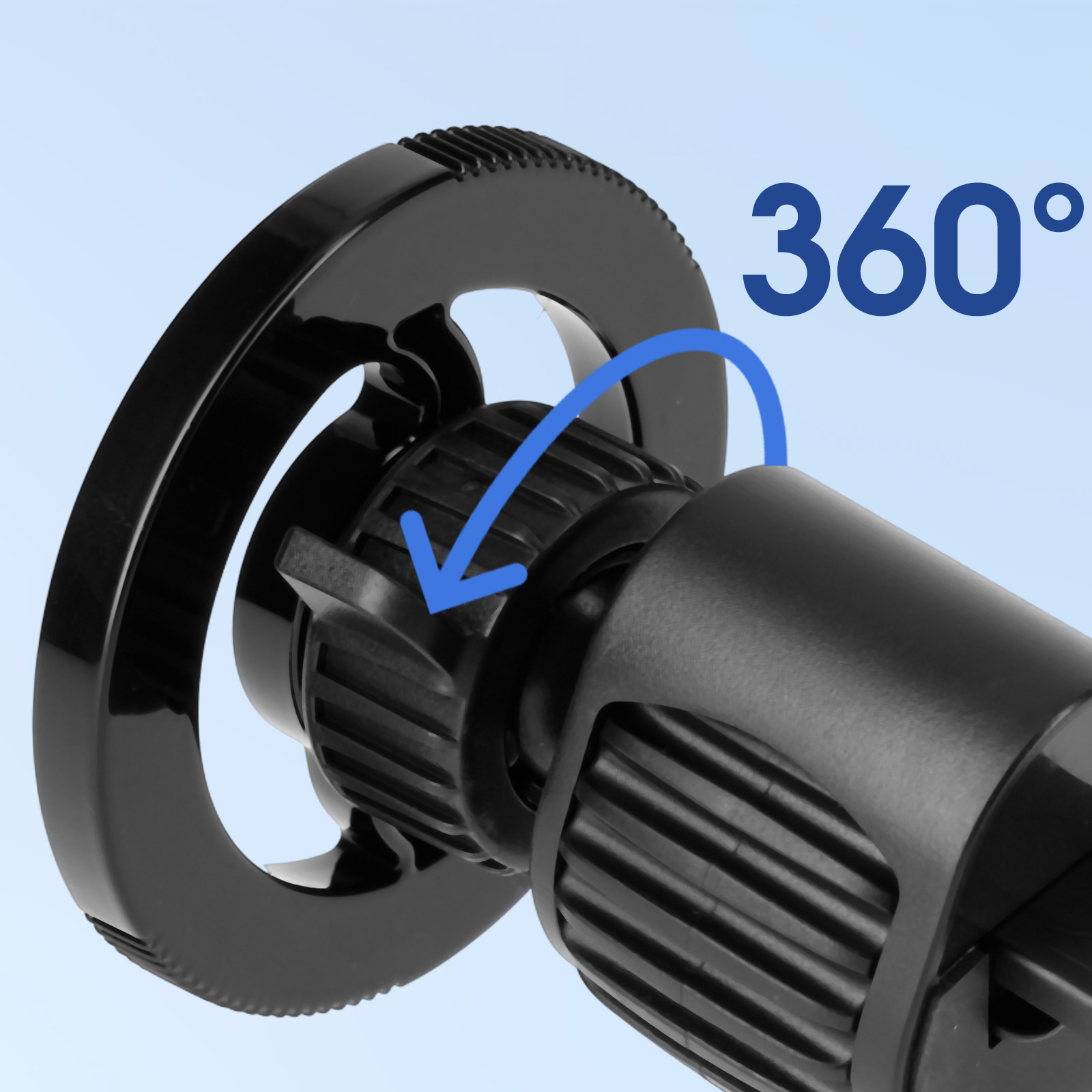 Supporto nero per telefono da auto con rotazione a 360 gradi. Freccia blu indica la rotazione. Sfondo sfumato blu chiaro.