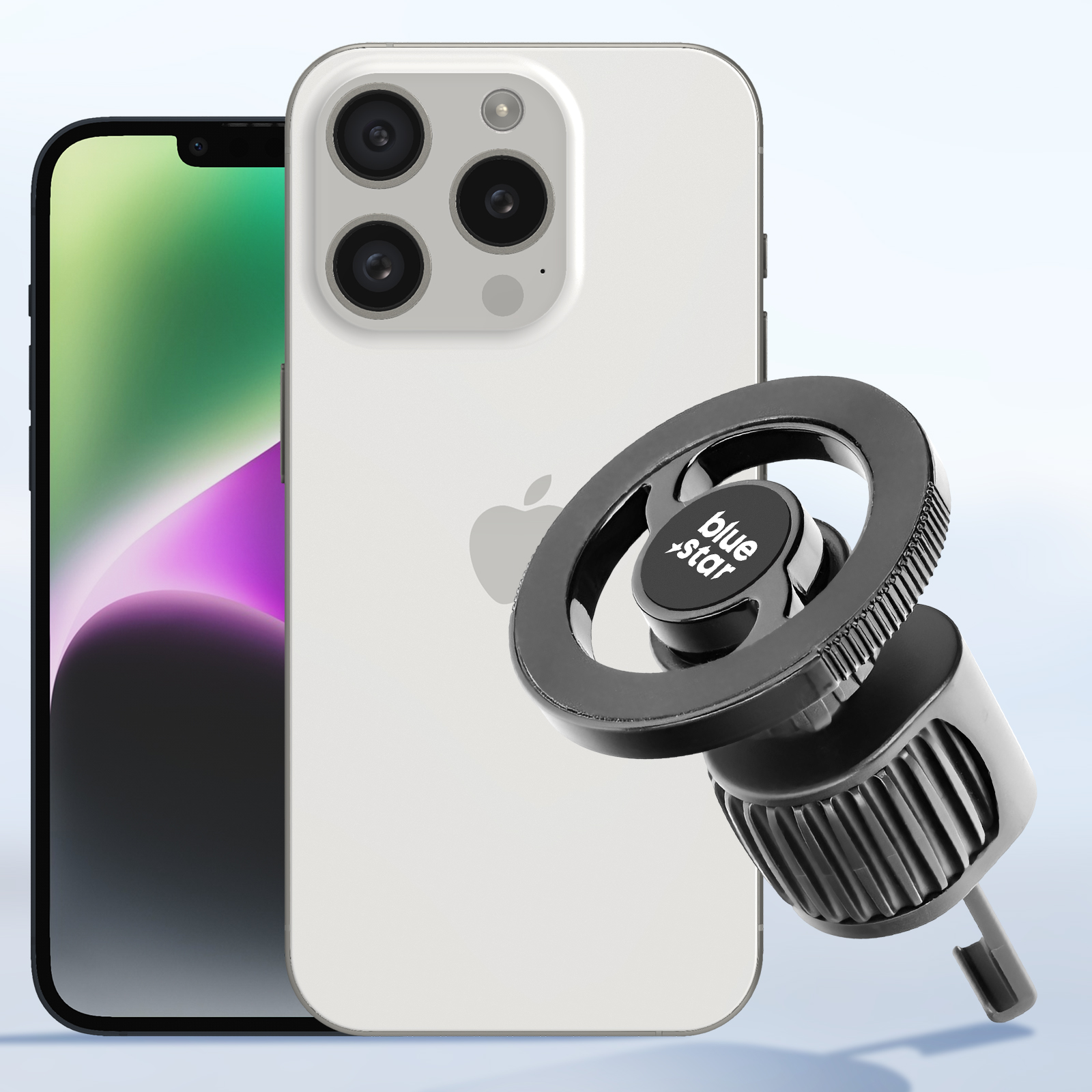 Un iPhone con un supporto per telefono. L'iPhone è bianco e grigio. Il supporto è nero con 'blue+star'.