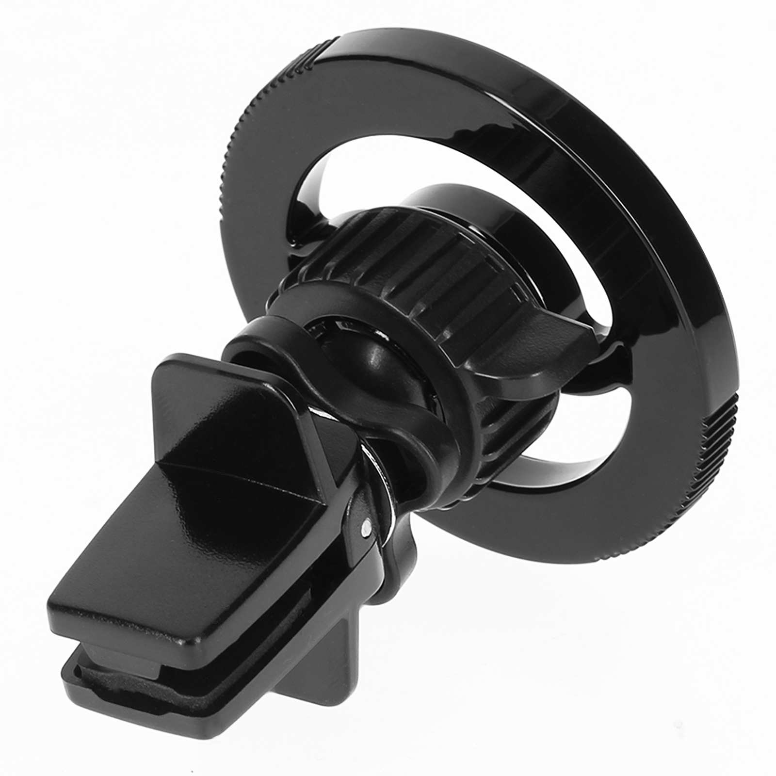 Un supporto nero per telefono con bocchetta dell'auto. Ha un anello circolare e una clip. Sfondo bianco.