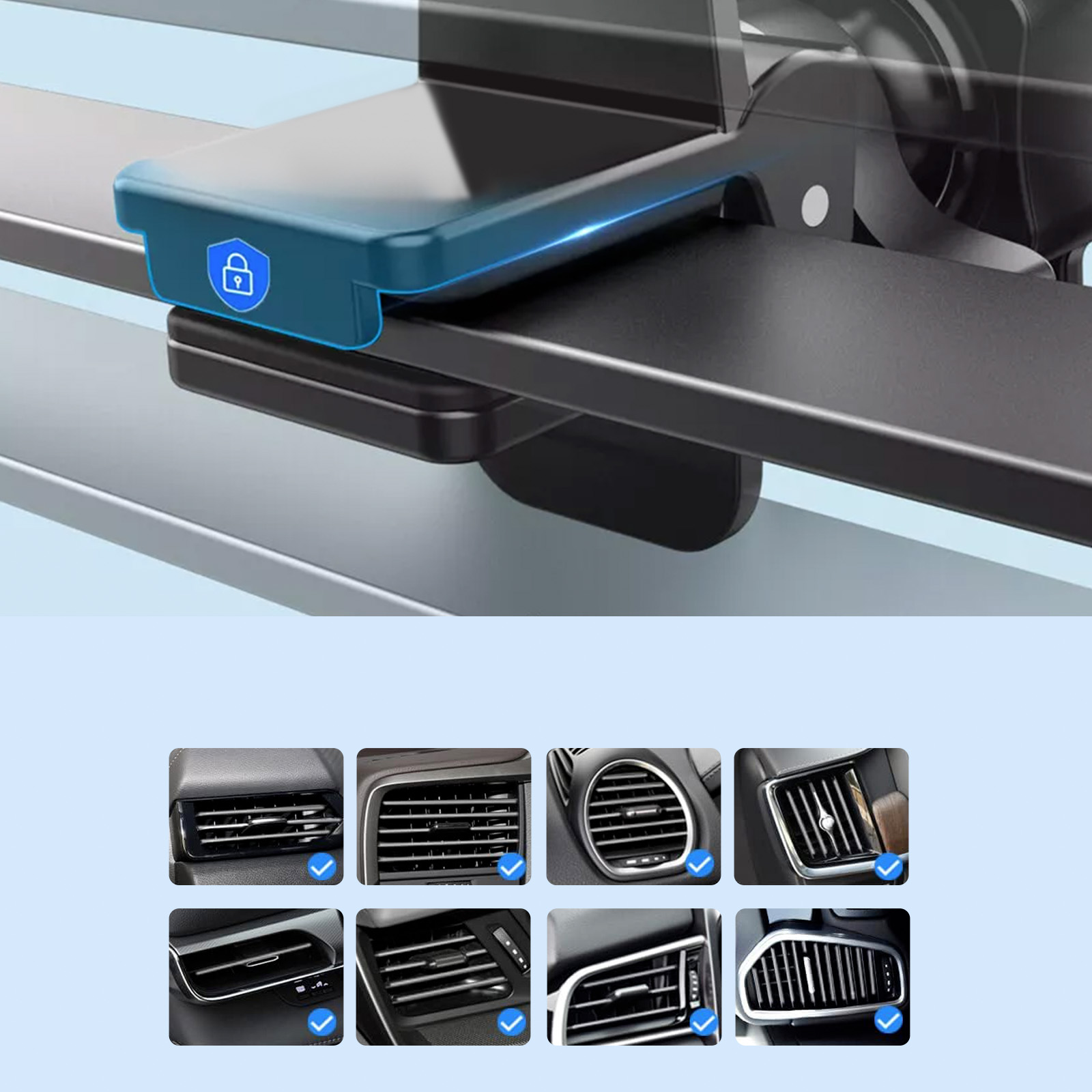 Supporto per bocchetta dell'aria dell'auto con icona lucchetto blu. Sotto, varie bocchette dell'aria con segni di spunta blu.