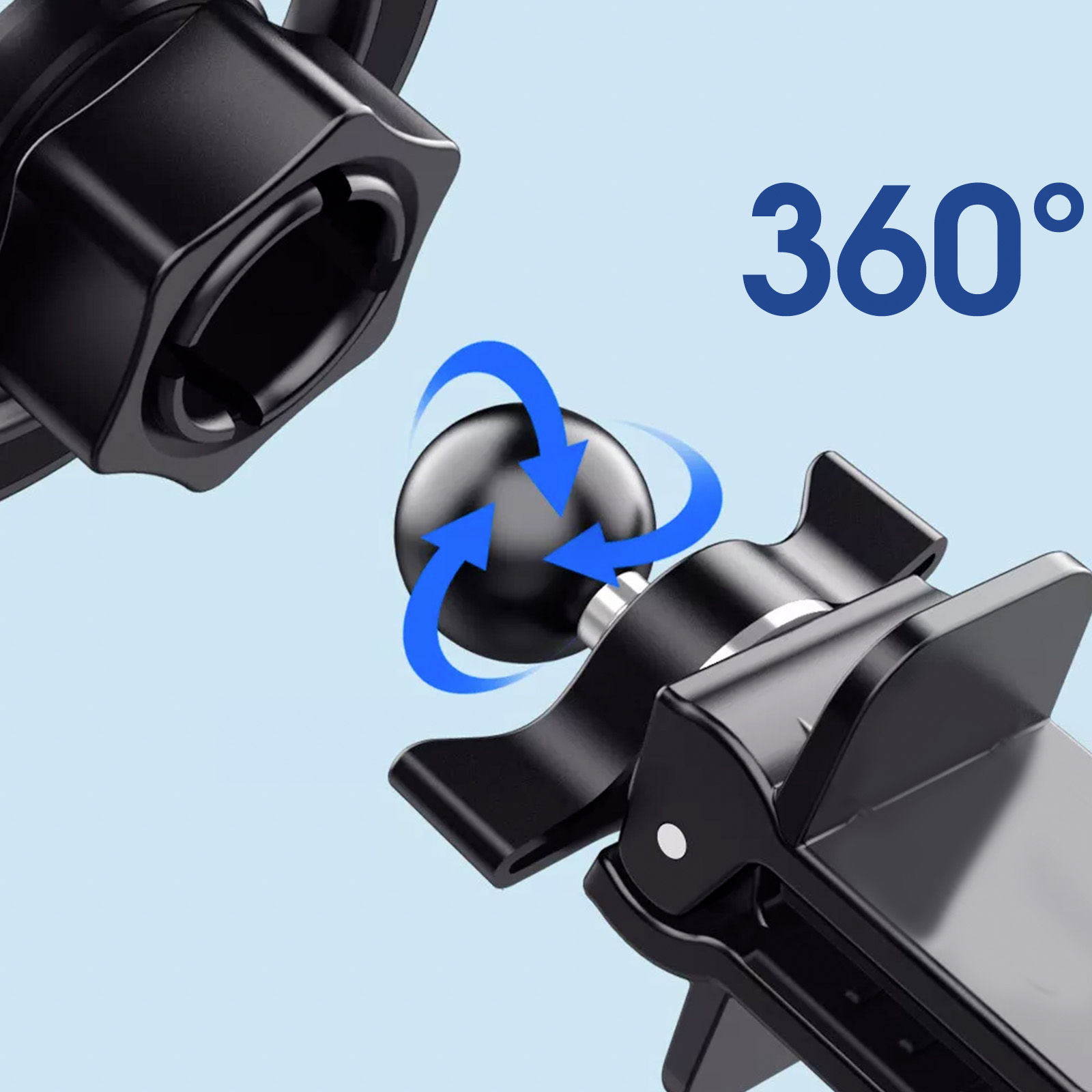 Supporto per telefono auto nero con rotazione a 360 gradi, frecce blu e sfondo azzurro.