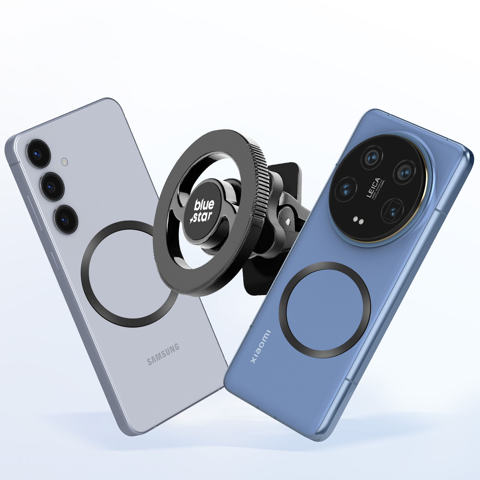 Due smartphone, uno Samsung grigio e uno Xiaomi blu, con un supporto per auto nero. Sfondo bianco.
