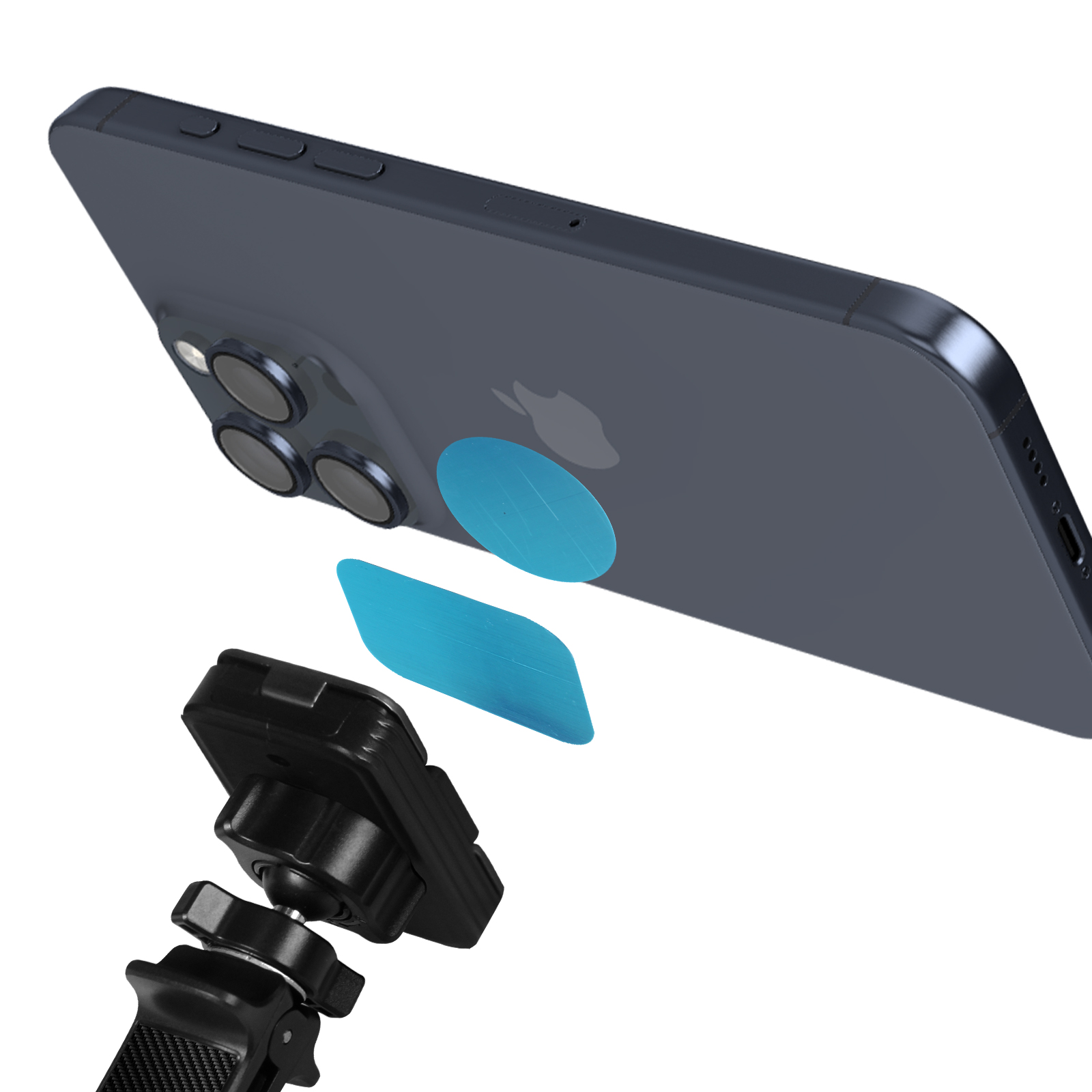 Ein dunkelgraues iPhone mit drei Kameras befindet sich über einer schwarzen Telefonhalterung mit blauen Klebeaufklebern.