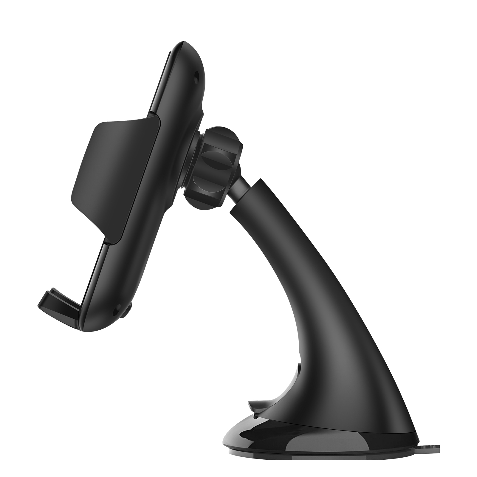 Ein schwarzer Autotelefonhalter. Er hat einen Saugfuß und einen verstellbaren Arm. Der Telefonhalter zeigt nach links.