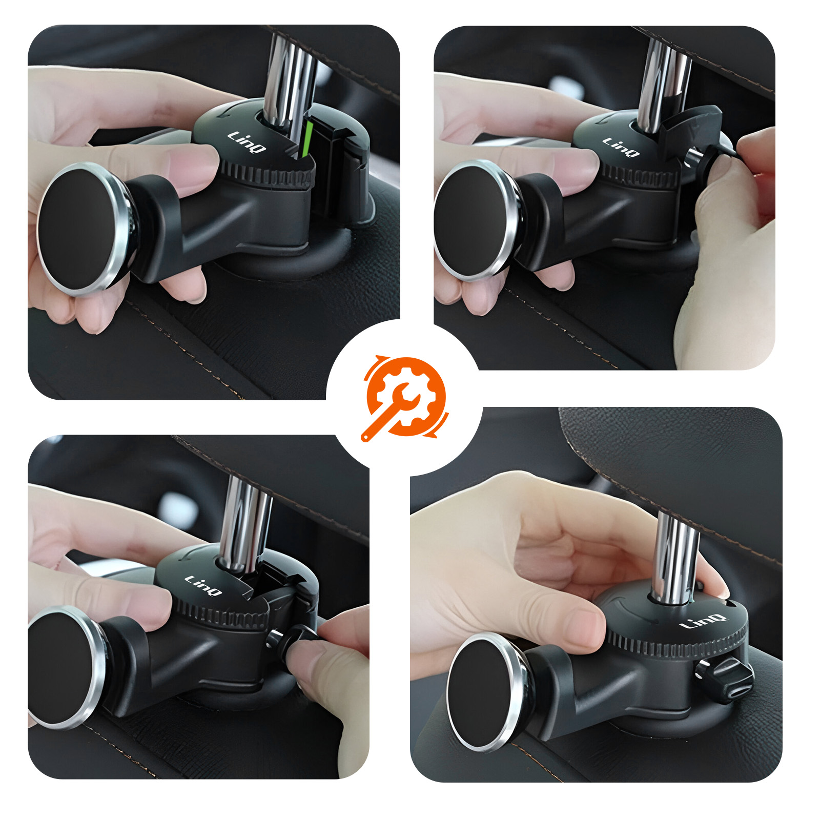 Le mani installano un supporto nero per telefono da auto. Si attacca al poggiatesta con una base rotante e un supporto magnetico.