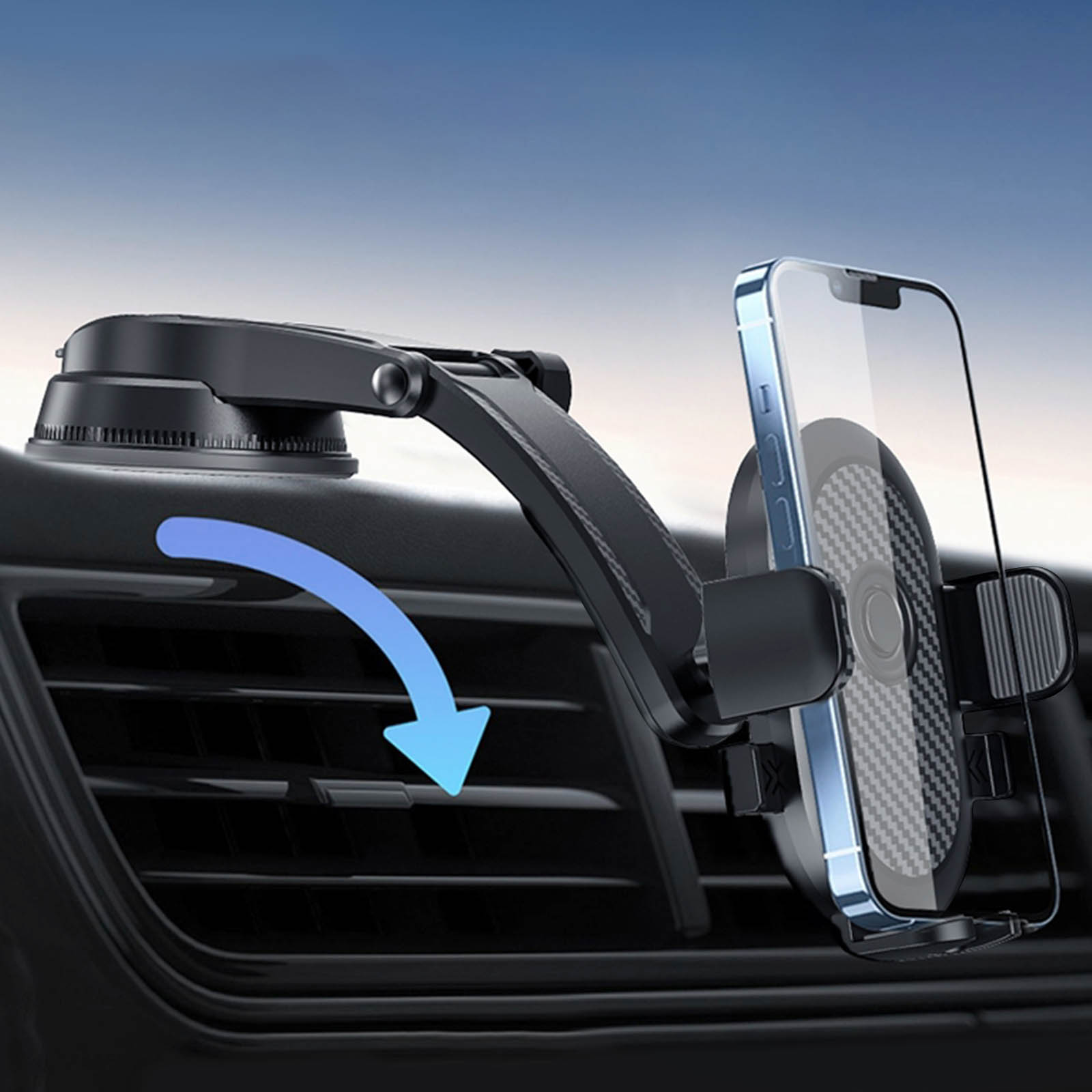 Un supporto per telefono per auto è attaccato alla presa d'aria. Un telefono è montato nel supporto. La freccia blu indica la direzione.