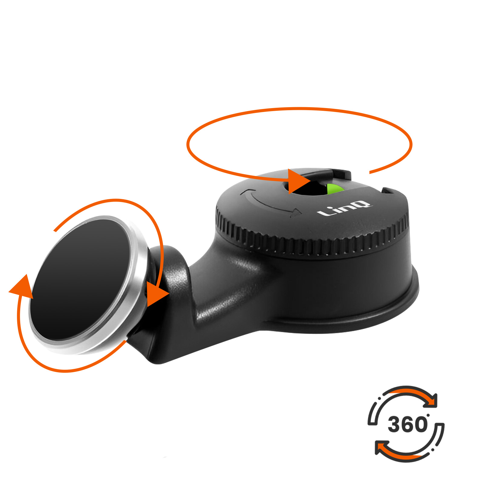 Un supporto nero per telefono da auto con frecce arancioni che indicano la rotazione a 360 gradi. Il supporto ha una testa magnetica e una base.