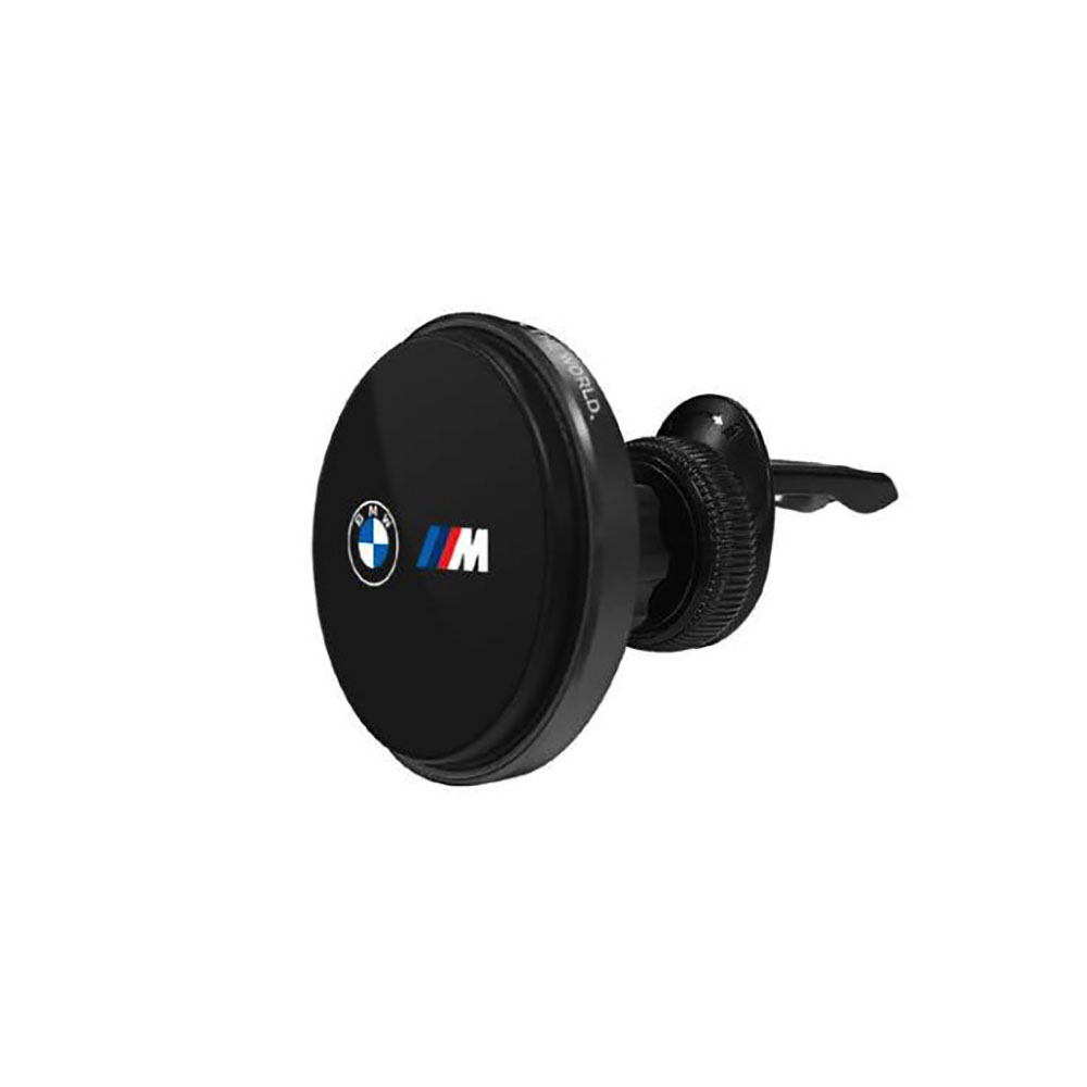 Un supporto nero per telefono da auto con logo BMW M. Ha una testa rotonda e una clip per il fissaggio.
