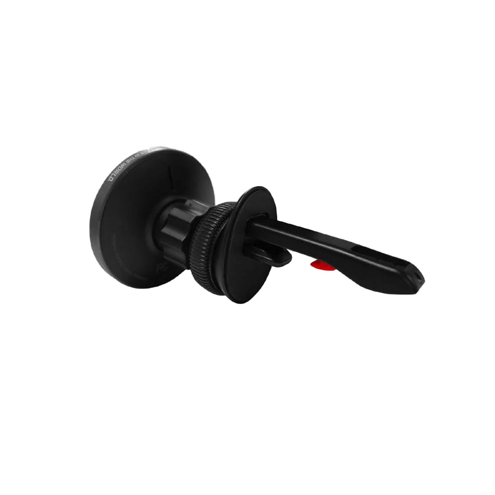 Un supporto nero per telefono da auto. Ha una base magnetica rotonda, un'impugnatura zigrinata e una leva con un pulsante rosso. Lo sfondo è bianco.