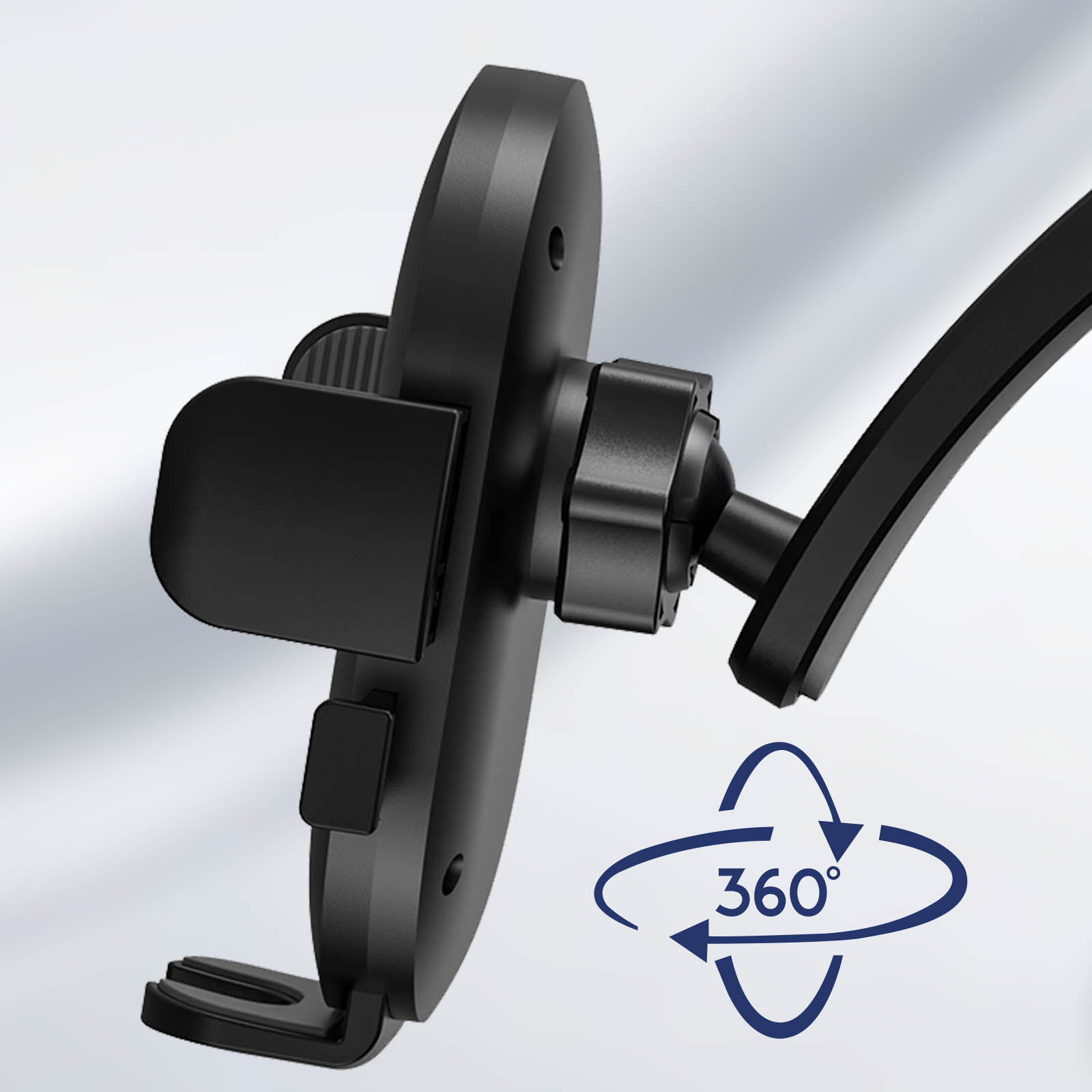 Supporto per telefono da auto nero con simbolo di rotazione a 360 gradi. Ha una base rotonda, bracci regolabili e impugnatura per telefono.