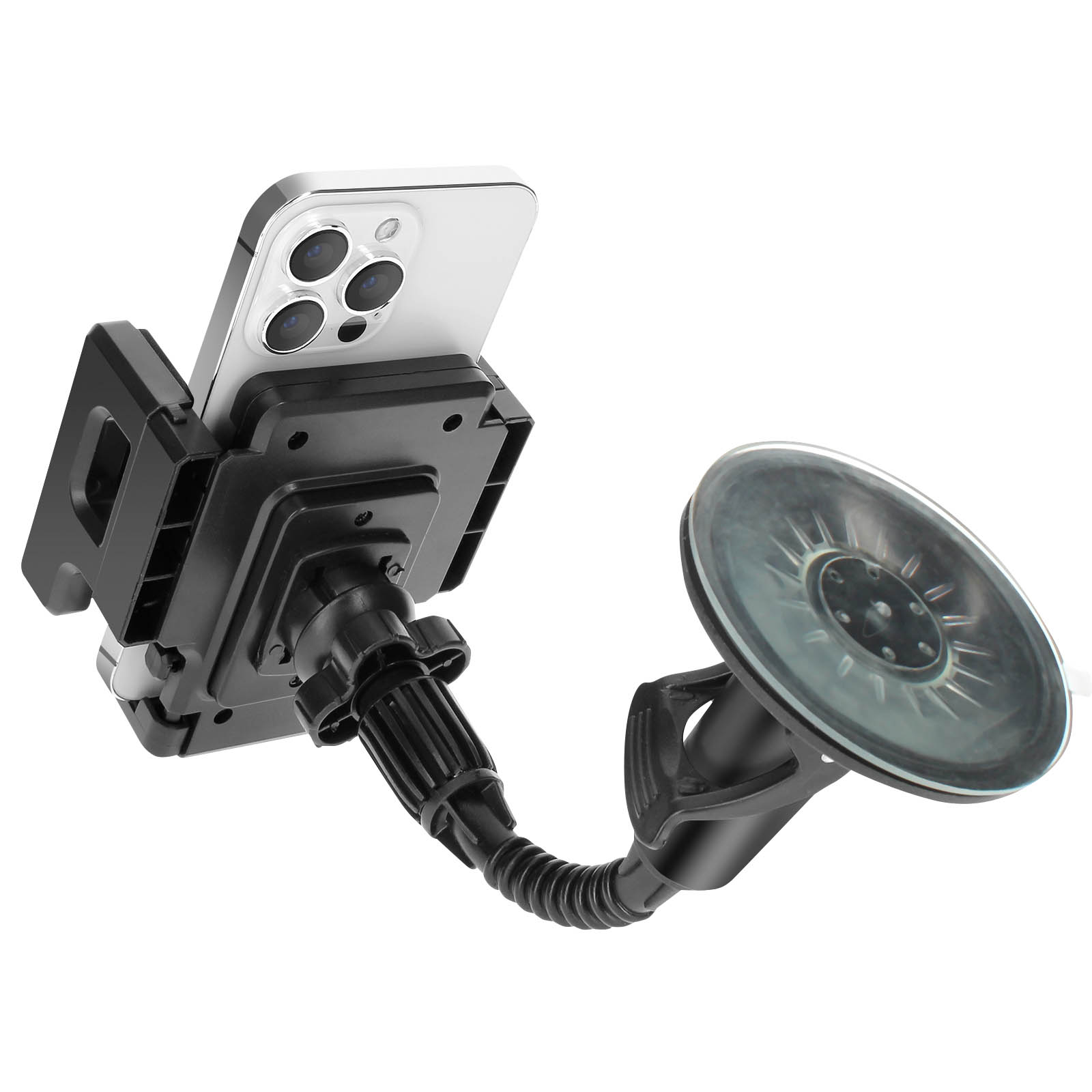 Ein Telefon ist auf einer schwarzen Autotelefonhalterung mit Saugnapf montiert, isoliert auf weißem Hintergrund.