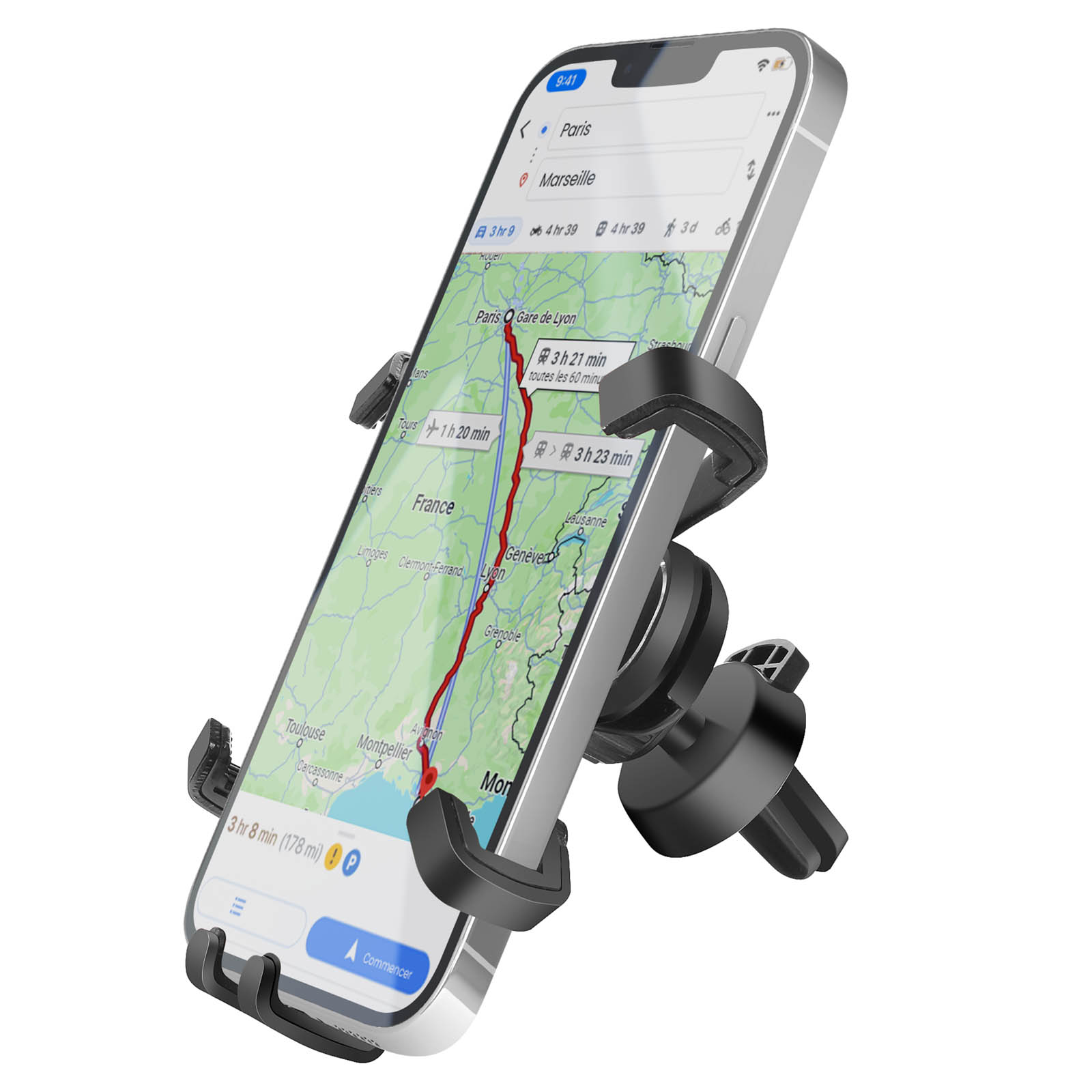 Ein Smartphone in einer Autohalterung zeigt eine Navigations-App mit einer Routenkarte von Frankreich. Das Telefon ist silber.