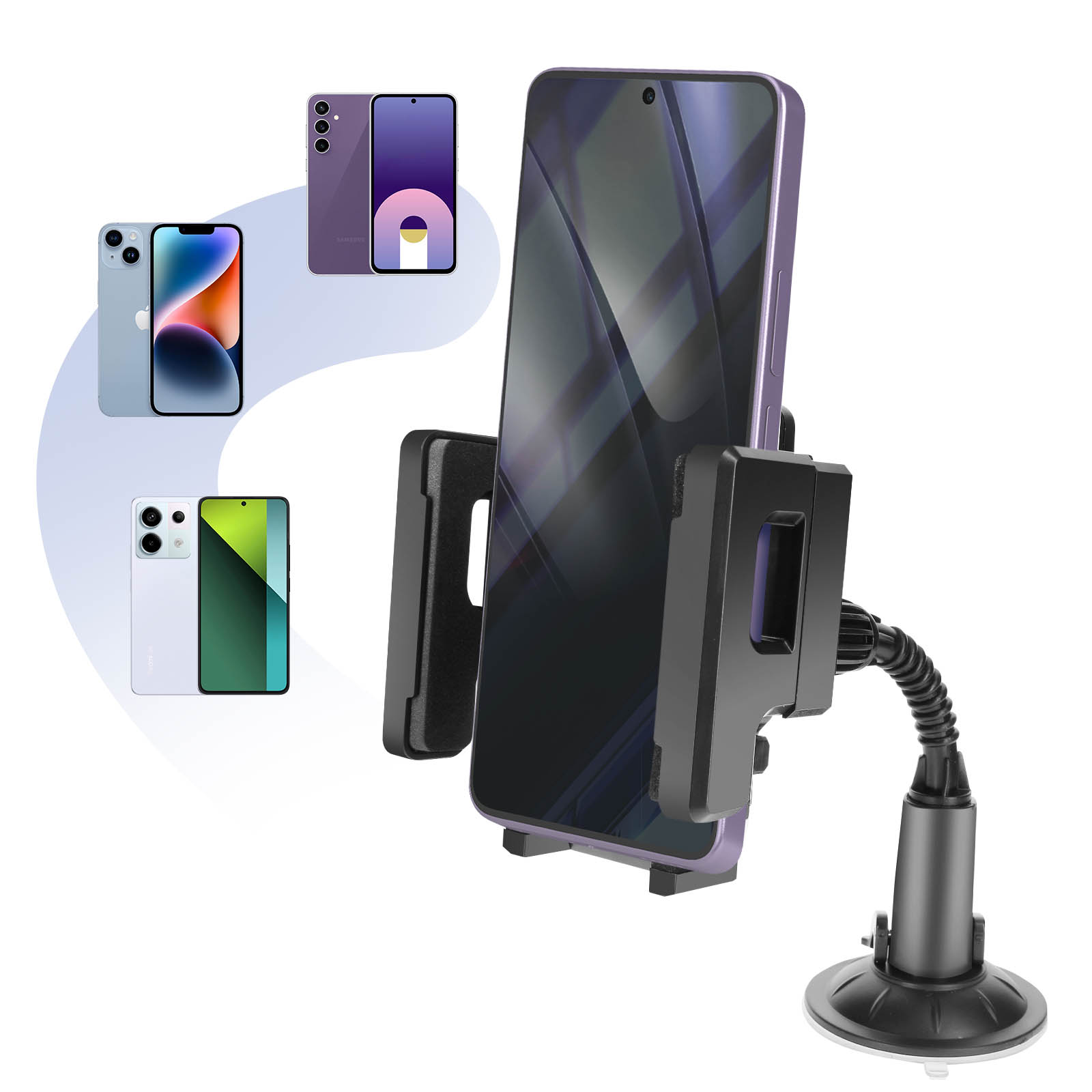 Ein Telefon in einer Autohalterung mit drei Telefonoptionen. Die Halterung ist schwarz, die Telefone zeigen verschiedene Farben an.