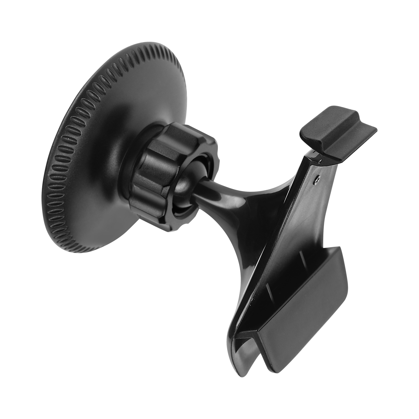 Un soporte negro para teléfono de coche. Tiene una base de ventosa, un brazo ajustable y una cuna.