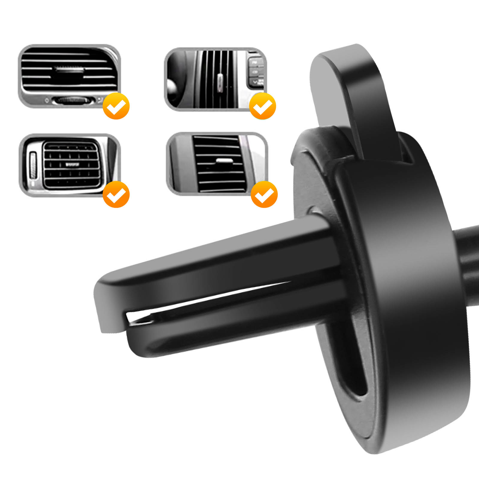 Ein schwarzer Handyhalter für die Lüftungsschlitze im Auto, mit vier Beispielen für die Lüftungsschlitze. Jedes Beispiel hat ein orangefarbenes Häkchen.