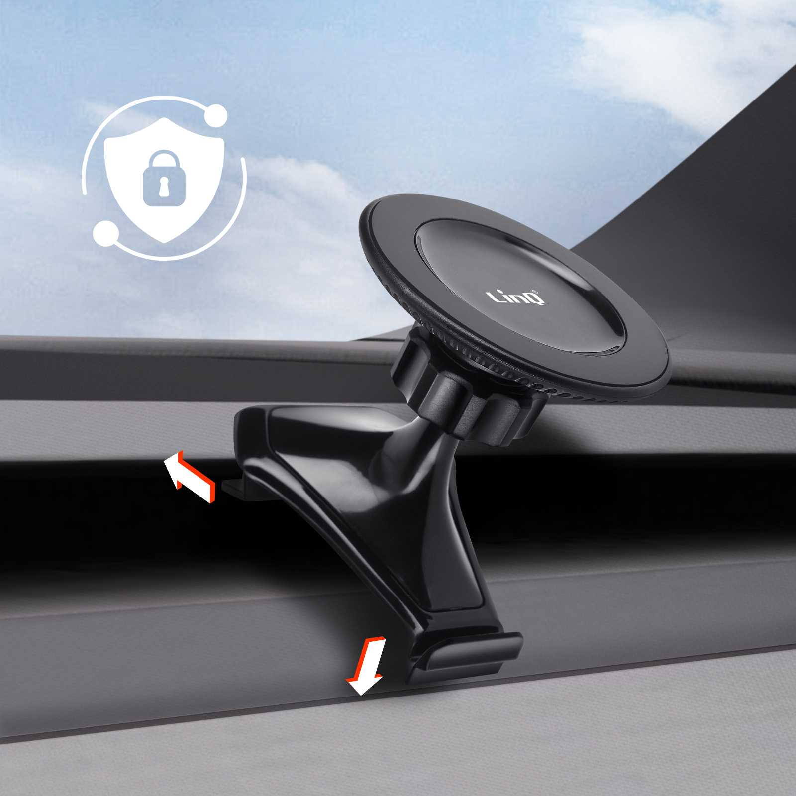 Soporte negro para teléfono de coche con logotipo. Icono de escudo blanco con cerradura. Flechas indican puntos de fijación. Fondo de cielo azul.