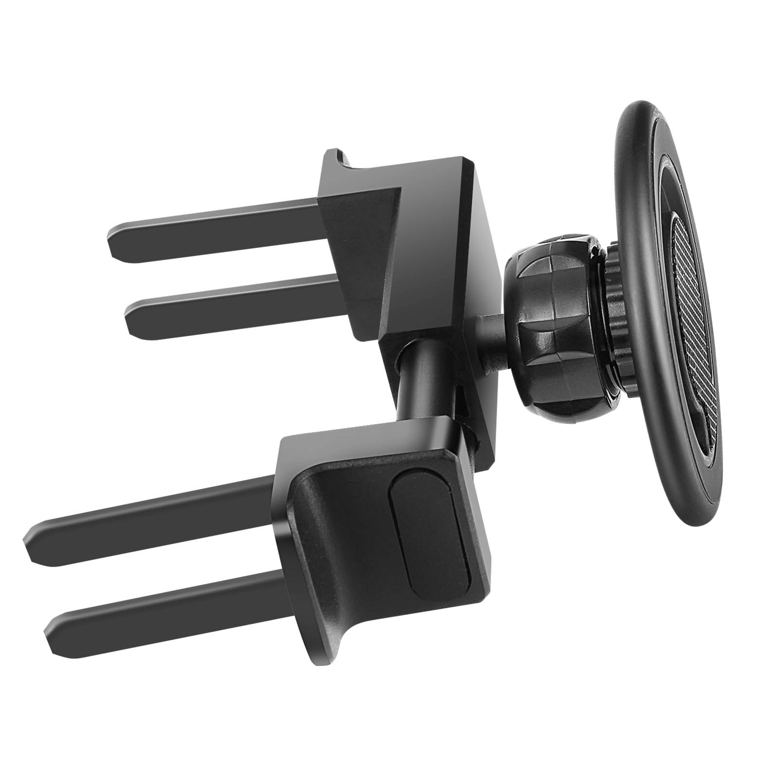 Un soporte negro para teléfono con ventilación de coche. Tiene brazos ajustables y un accesorio magnético para teléfono.