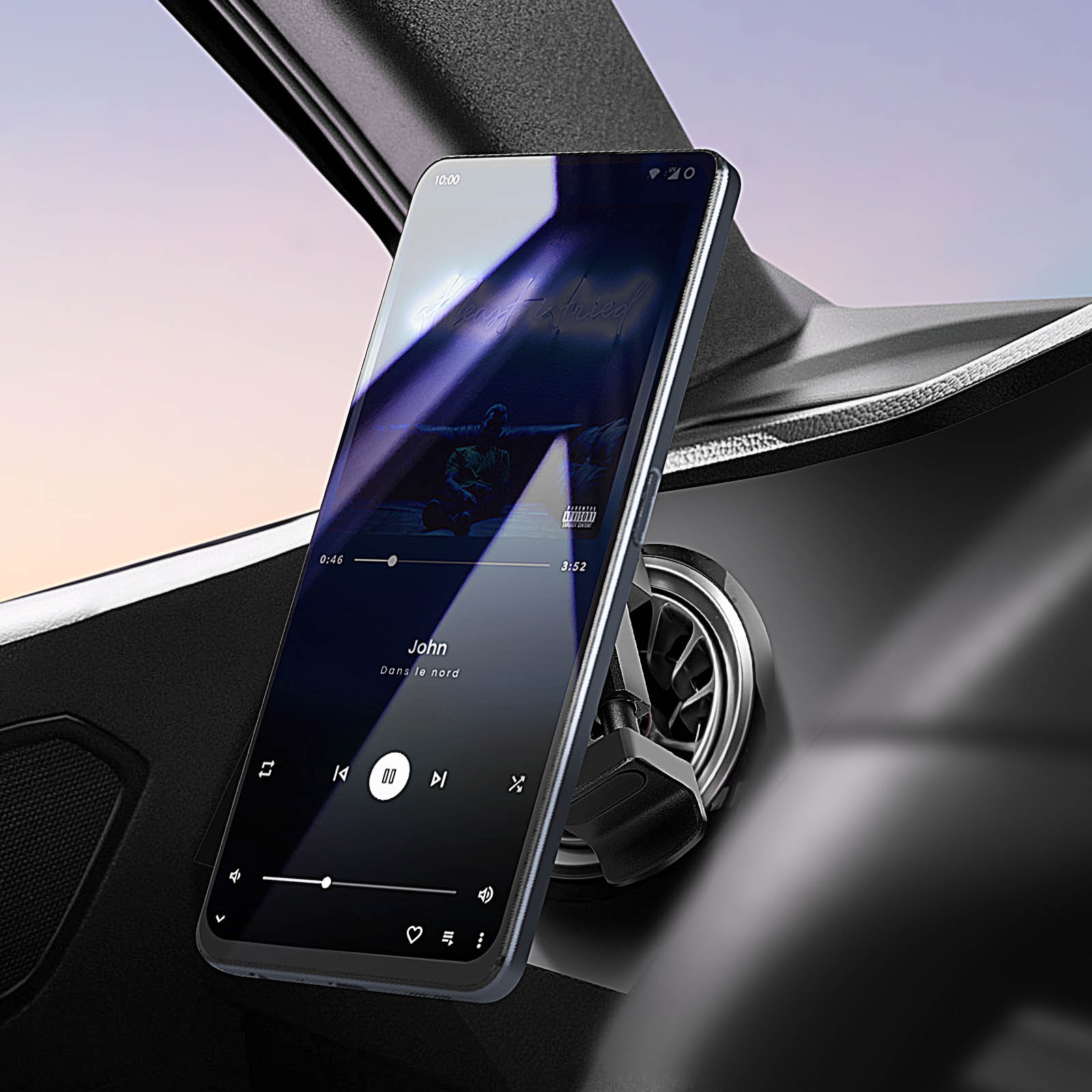 Teléfono montado en el coche. La pantalla muestra música. Interior del coche negro con ventilación y salpicadero. Cielo de fondo.