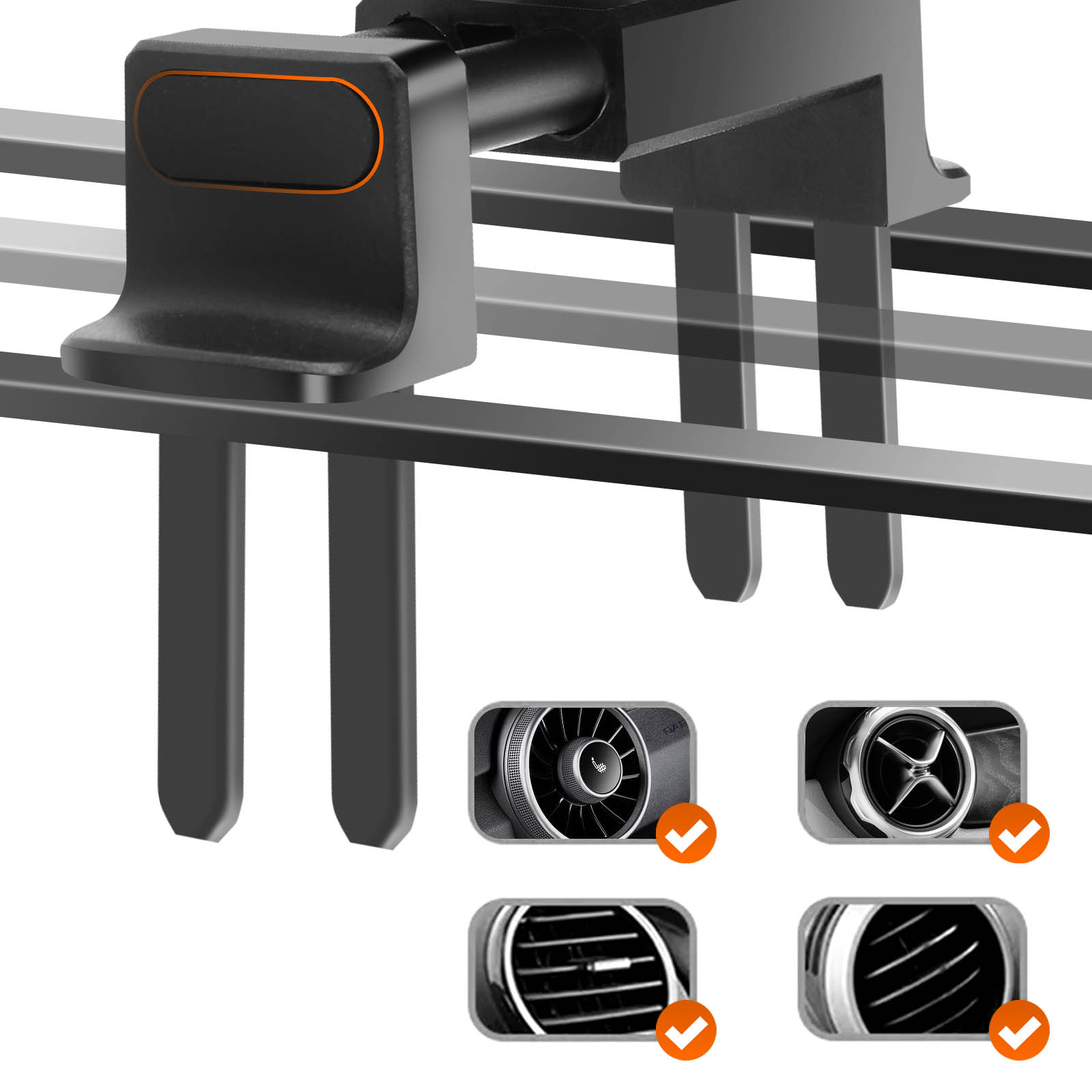 Soporte negro para ventilación de coche. Acento naranja. Cuatro opciones de ventilación con marcas.