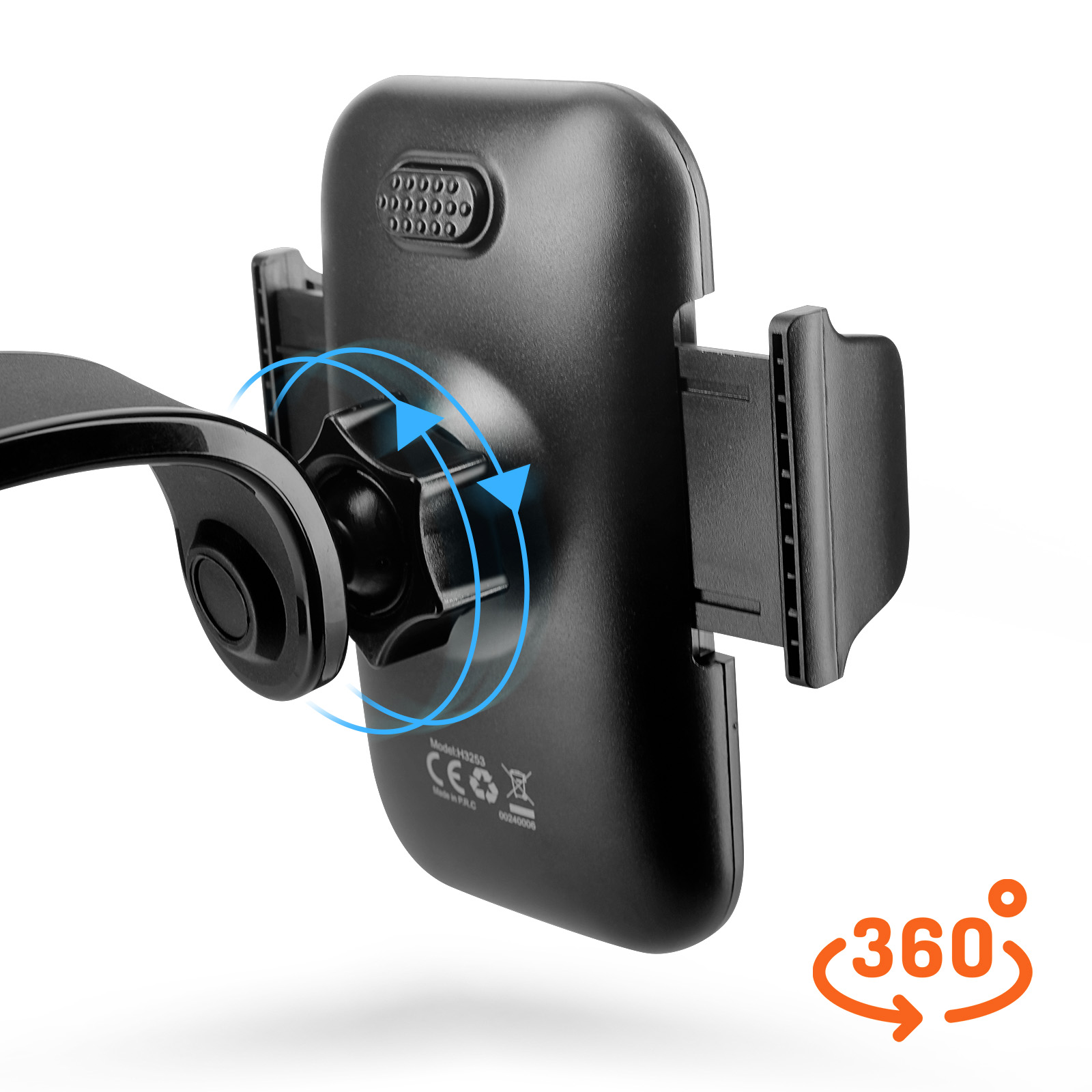 Supporto per telefono per auto nero con rotazione a 360 gradi. Ha una manopola rotante e bracci regolabili. Sfondo bianco.