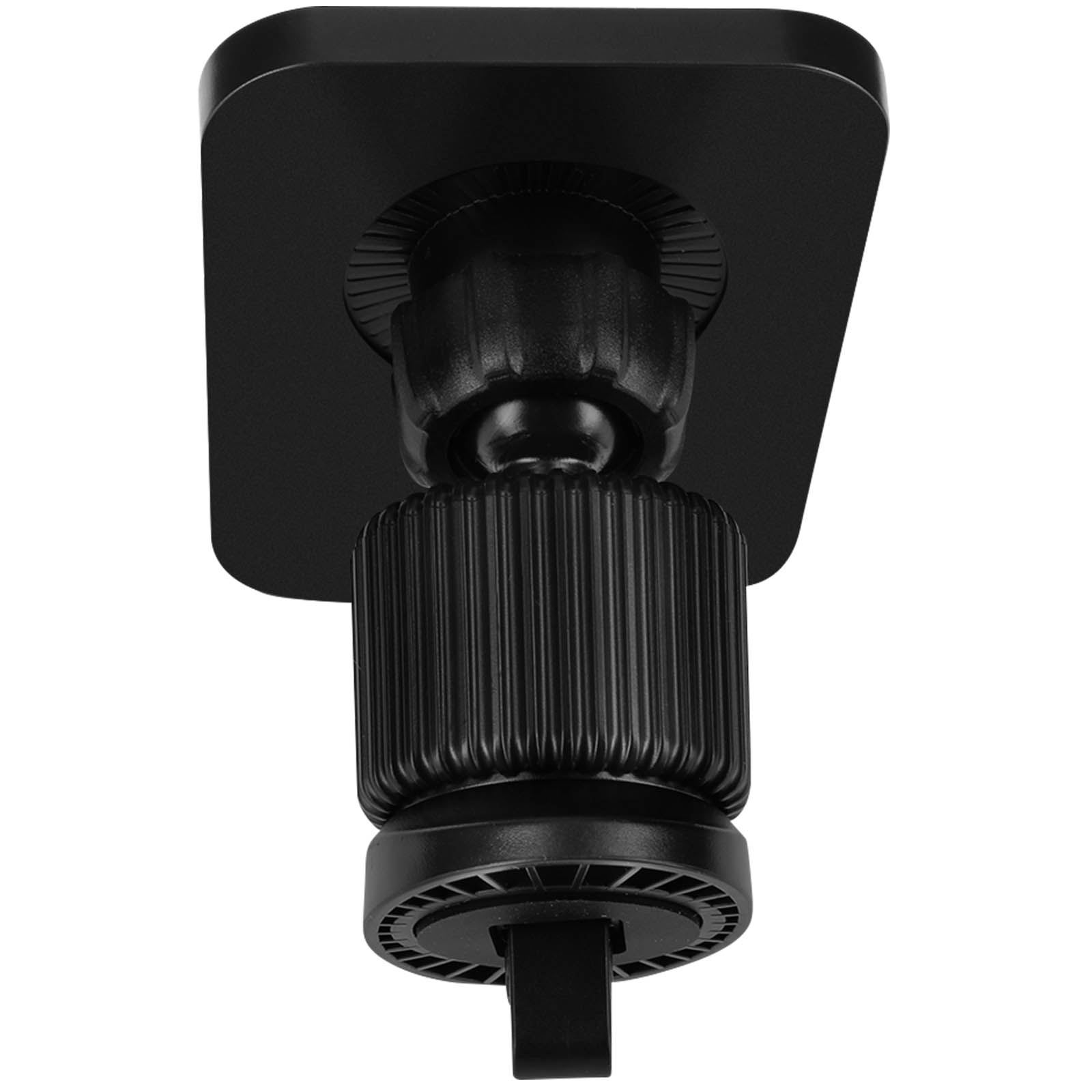 Primo piano di un supporto per telefono da auto nero. Ha una base quadrata, una manopola regolabile e una clip.