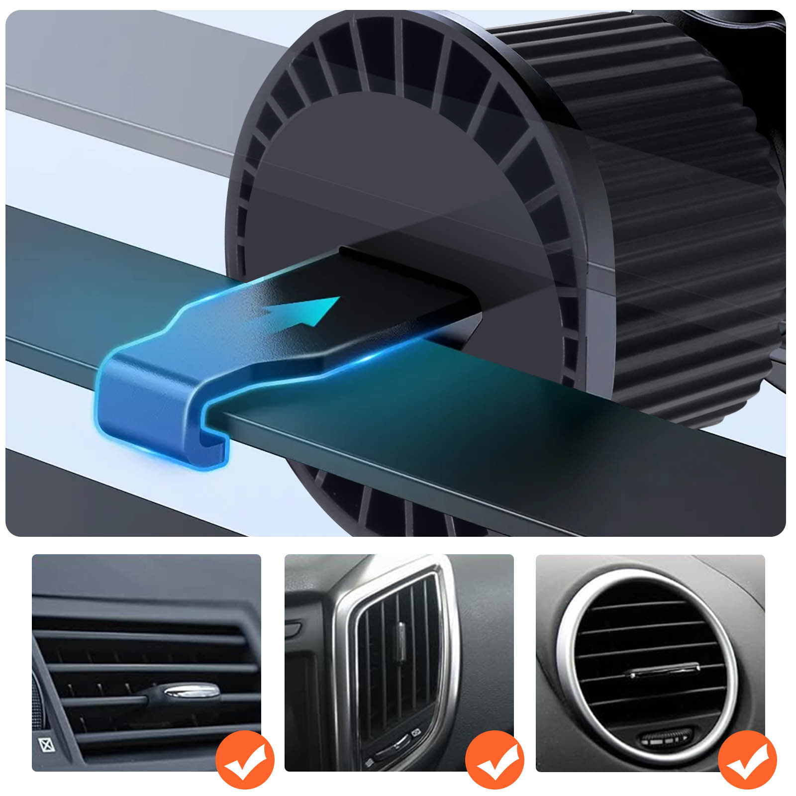 Supporto per bocchetta dell'auto, accento blu, freccia. Tre stili di bocchetta dell'auto con segni di spunta. Schema di colori nero e grigio.