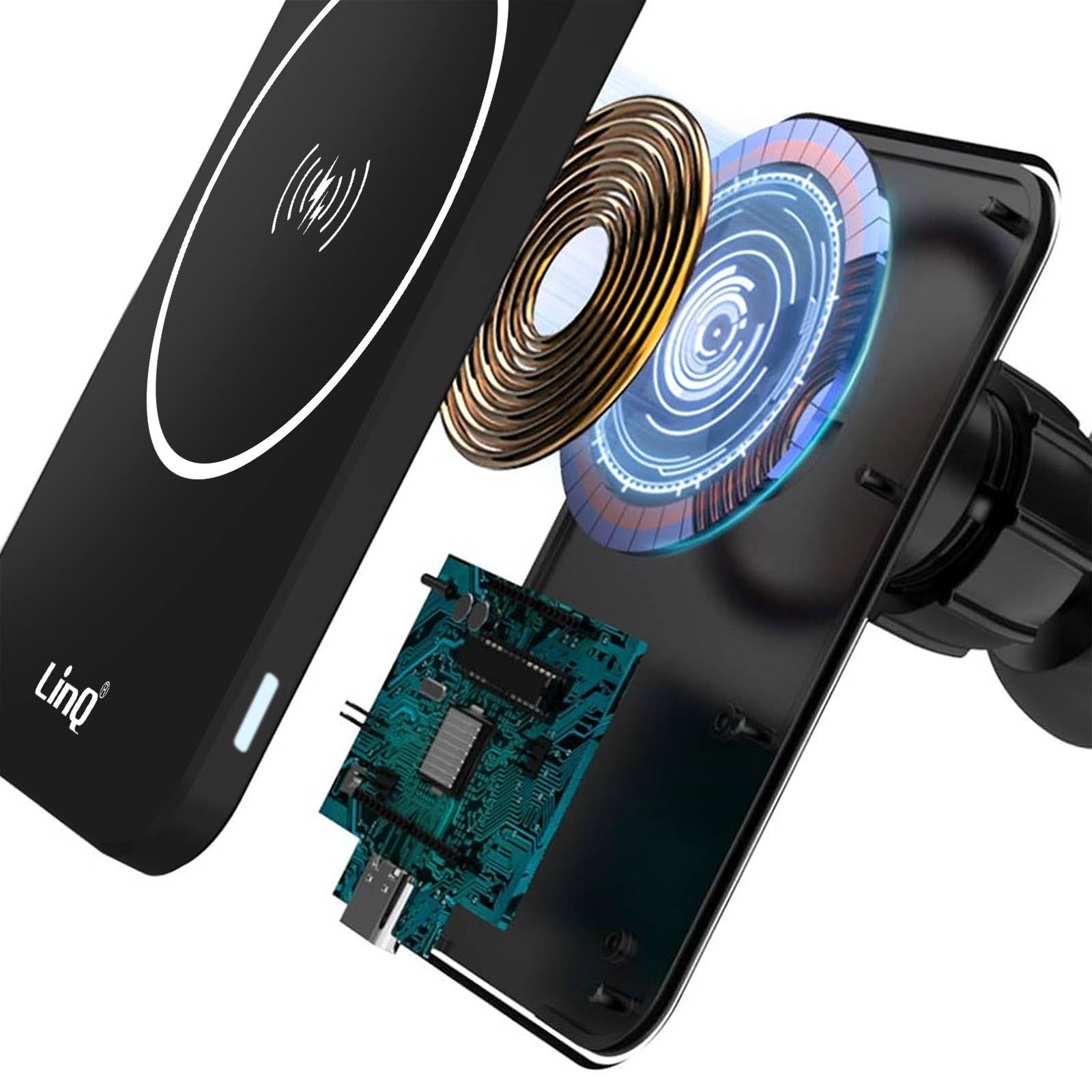 Un caricatore wireless smontato che mostra i componenti interni, tra cui bobina di rame, circuito stampato e telefono.