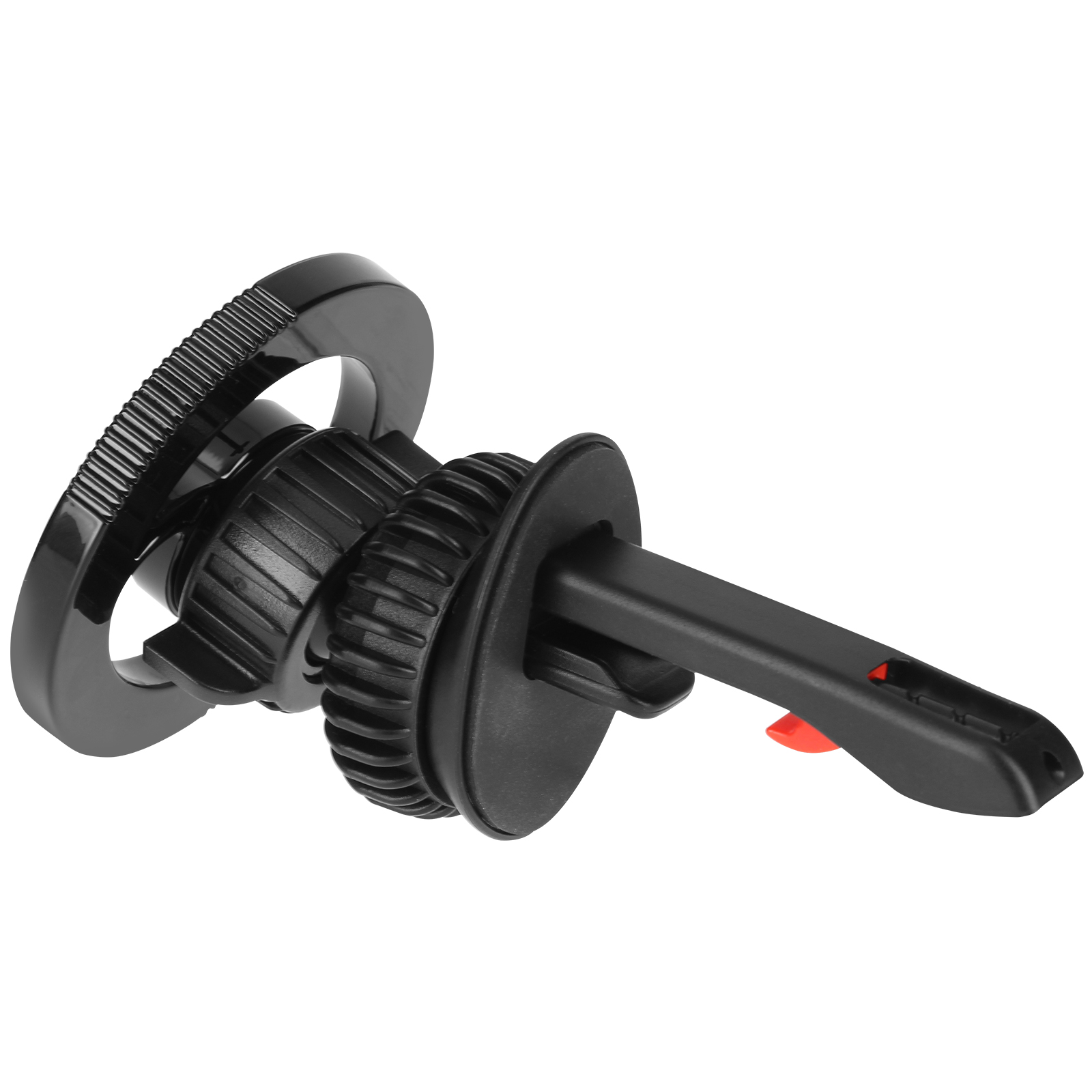 Un supporto nero per telefono con ventilazione per auto. Ha un anello, un quadrante a coste e un pulsante rosso.