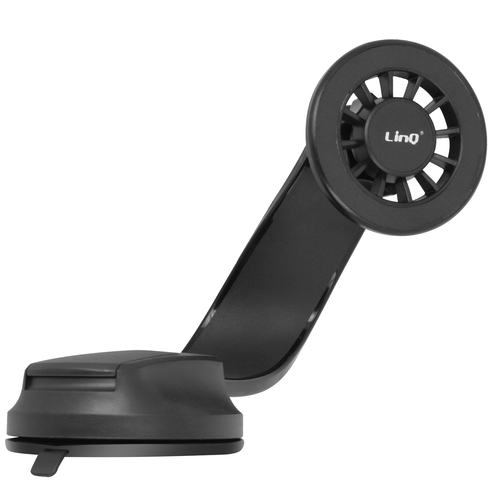 Un supporto nero per telefono da auto. Ha una base a ventosa, un braccio angolato e un supporto circolare per telefono con il logo LinQ.