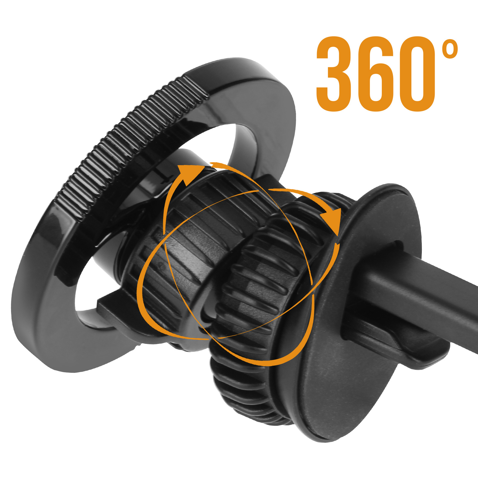 Supporto per telefono da auto nero con rotazione a 360 gradi, indicato da frecce. Il supporto è su sfondo bianco.