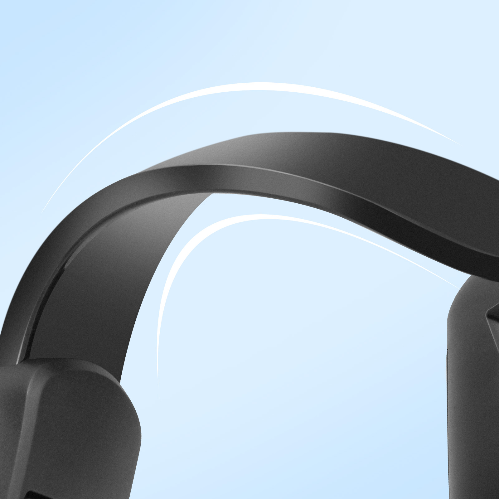 Primo piano di un arco di cuffia nero. Linee curve bianche sovrapposte all'arco su sfondo azzurro.