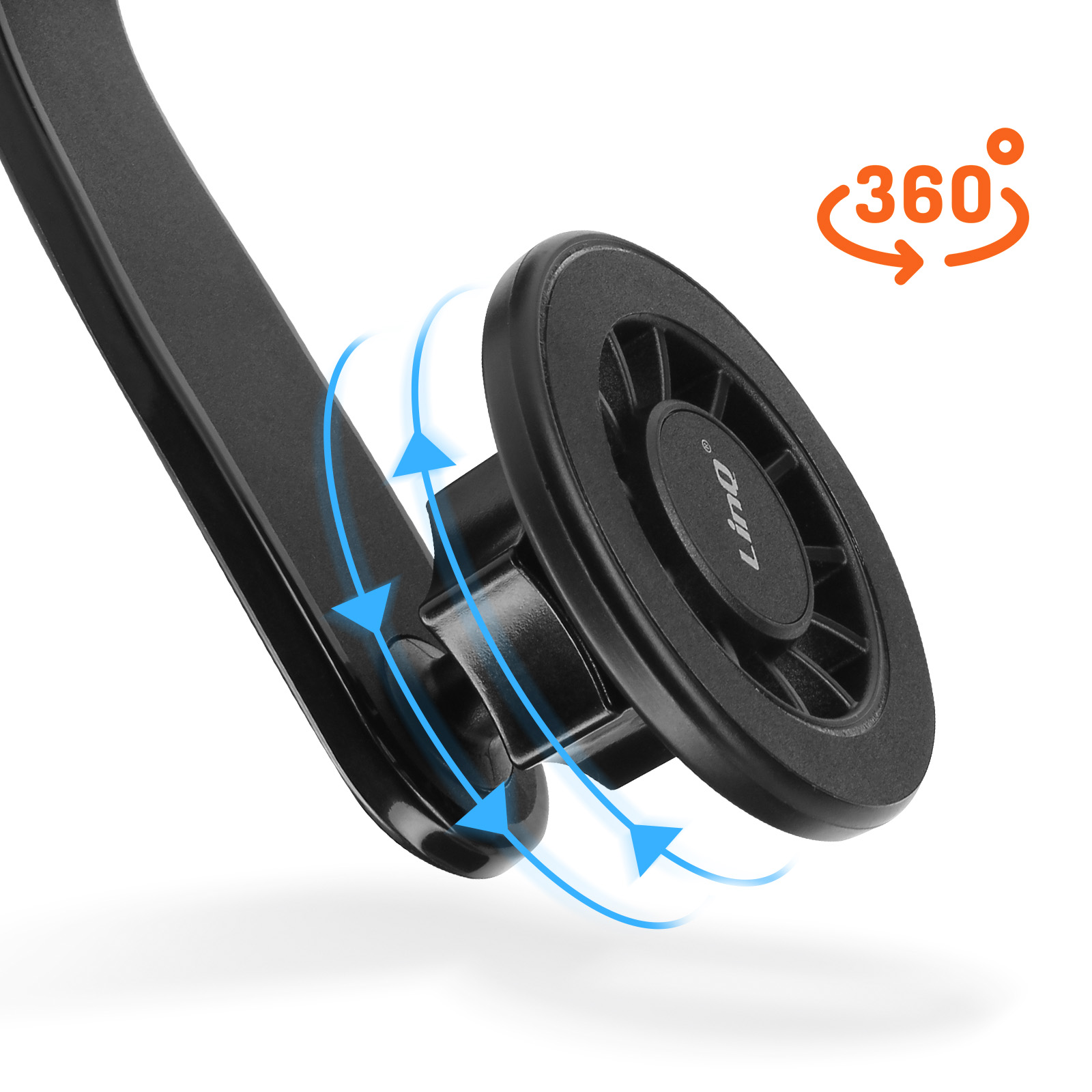 Supporto per telefono per auto nero con rotazione a 360 gradi. Frecce blu indicano il movimento. Sfondo bianco.