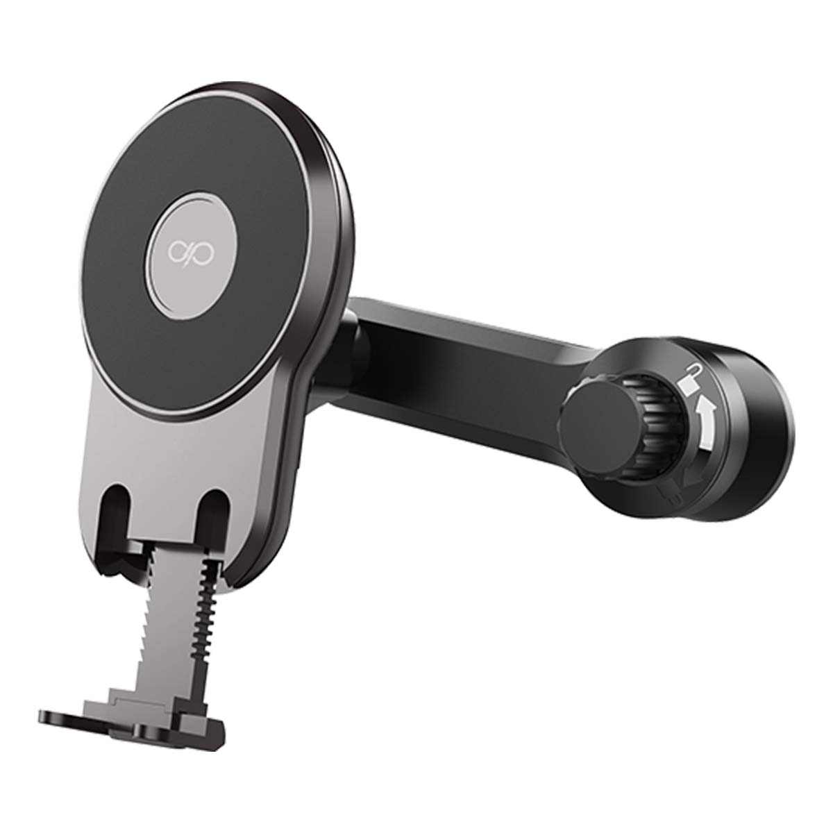 Soporte para teléfono de coche negro y gris. Tiene un cabezal magnético circular, un brazo articulado y una pinza de ventilación.
