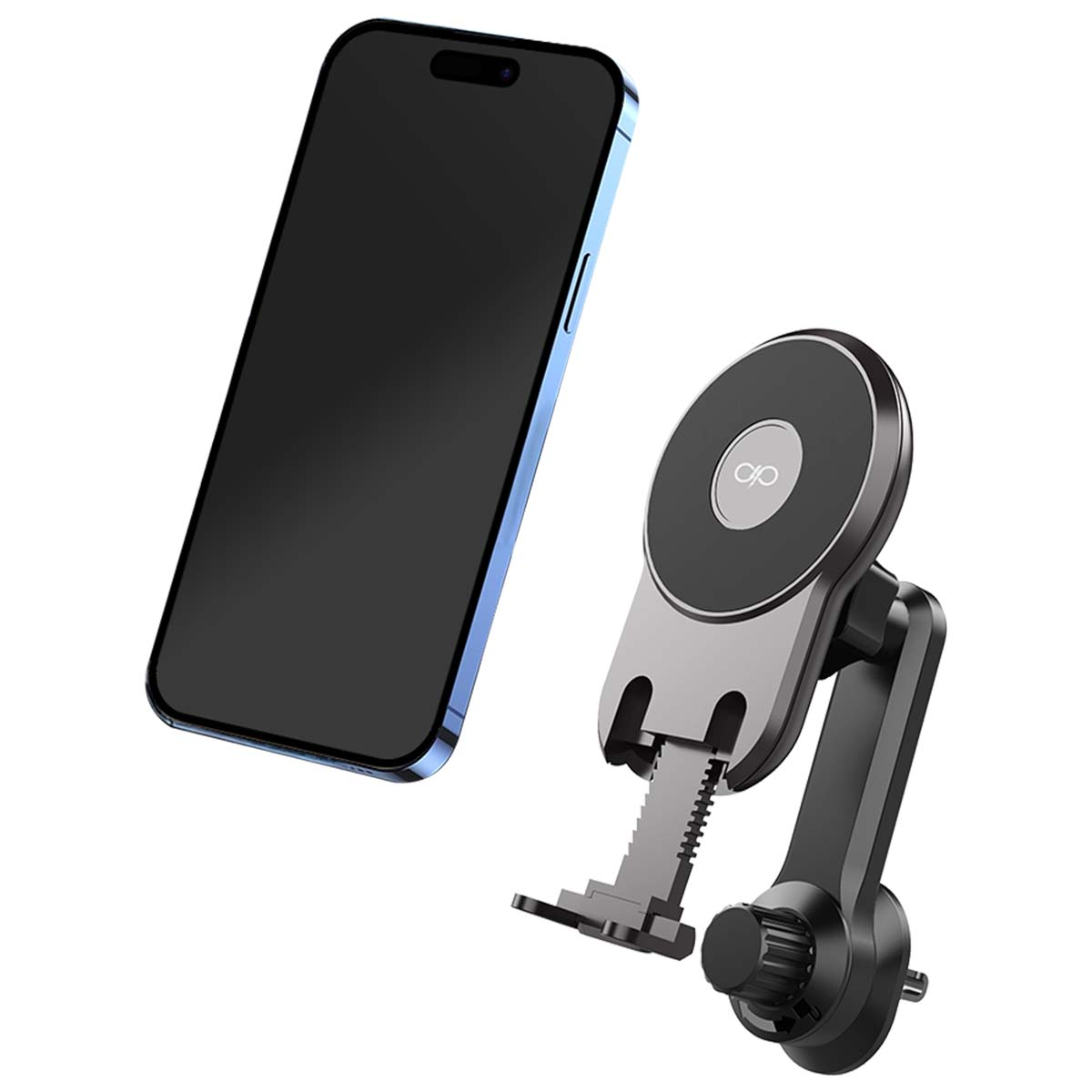 Un smartphone y un soporte para coche se muestran sobre un fondo blanco. El teléfono es negro con marco azul.