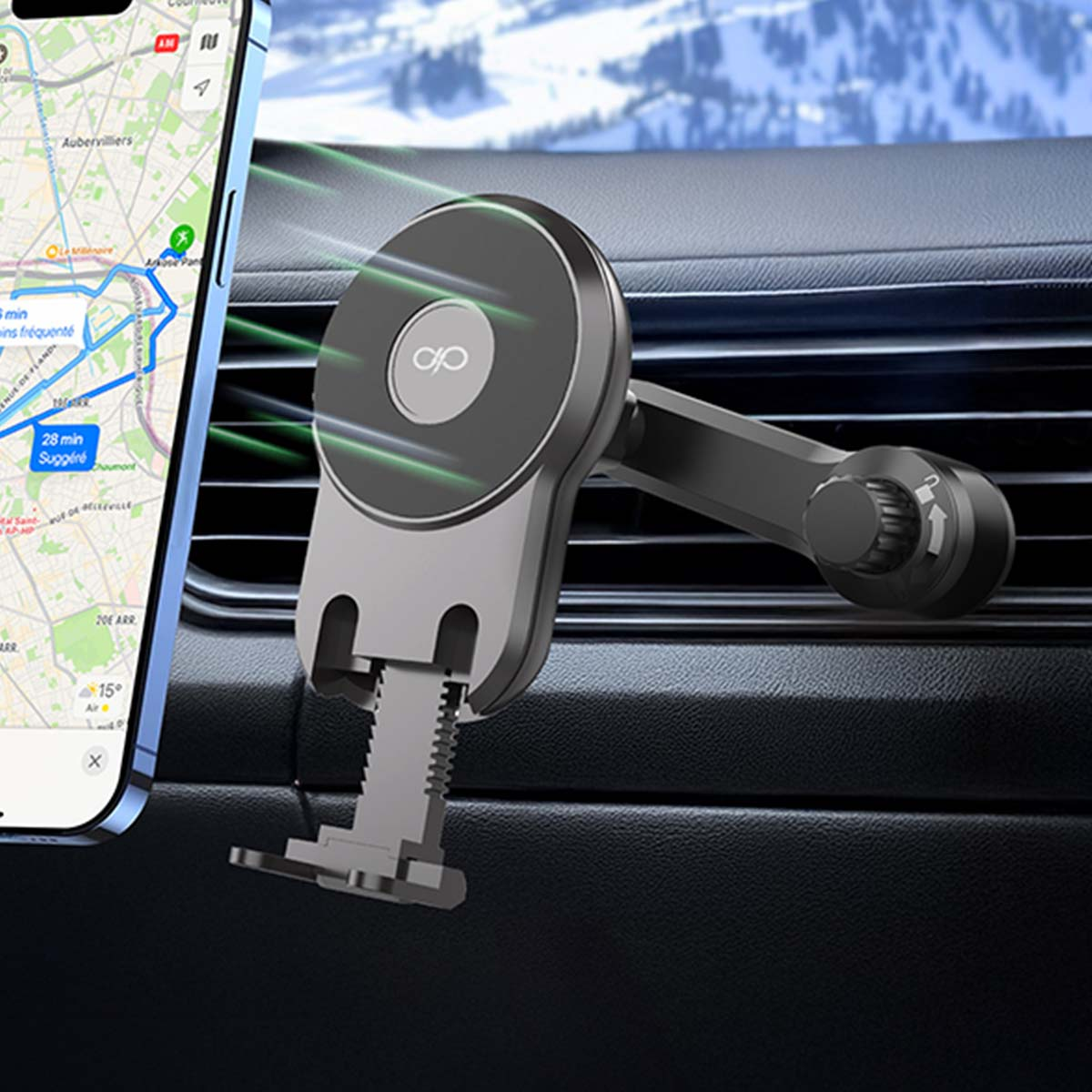 Un teléfono con un mapa es sujetado por un soporte para automóvil. El soporte es negro y gris. El fondo muestra las rejillas de ventilación y un paisaje borroso.