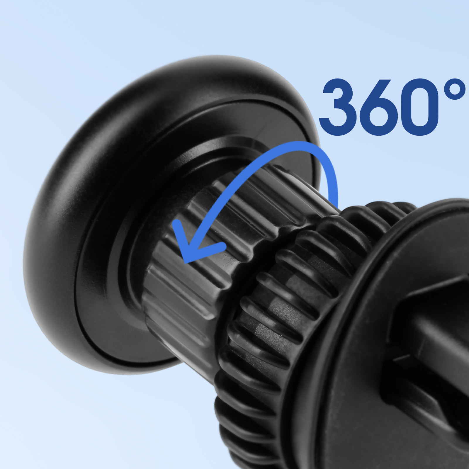 Supporto per telefono da auto nero con rotazione a 360 gradi. Freccia blu indica la rotazione. Sfondo azzurro.