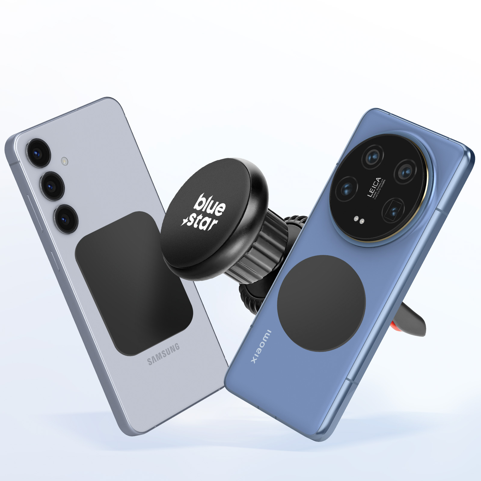 Due smartphone, Samsung e Xiaomi, con supporti magnetici. Un supporto nero è tra di loro. Lo sfondo è bianco.