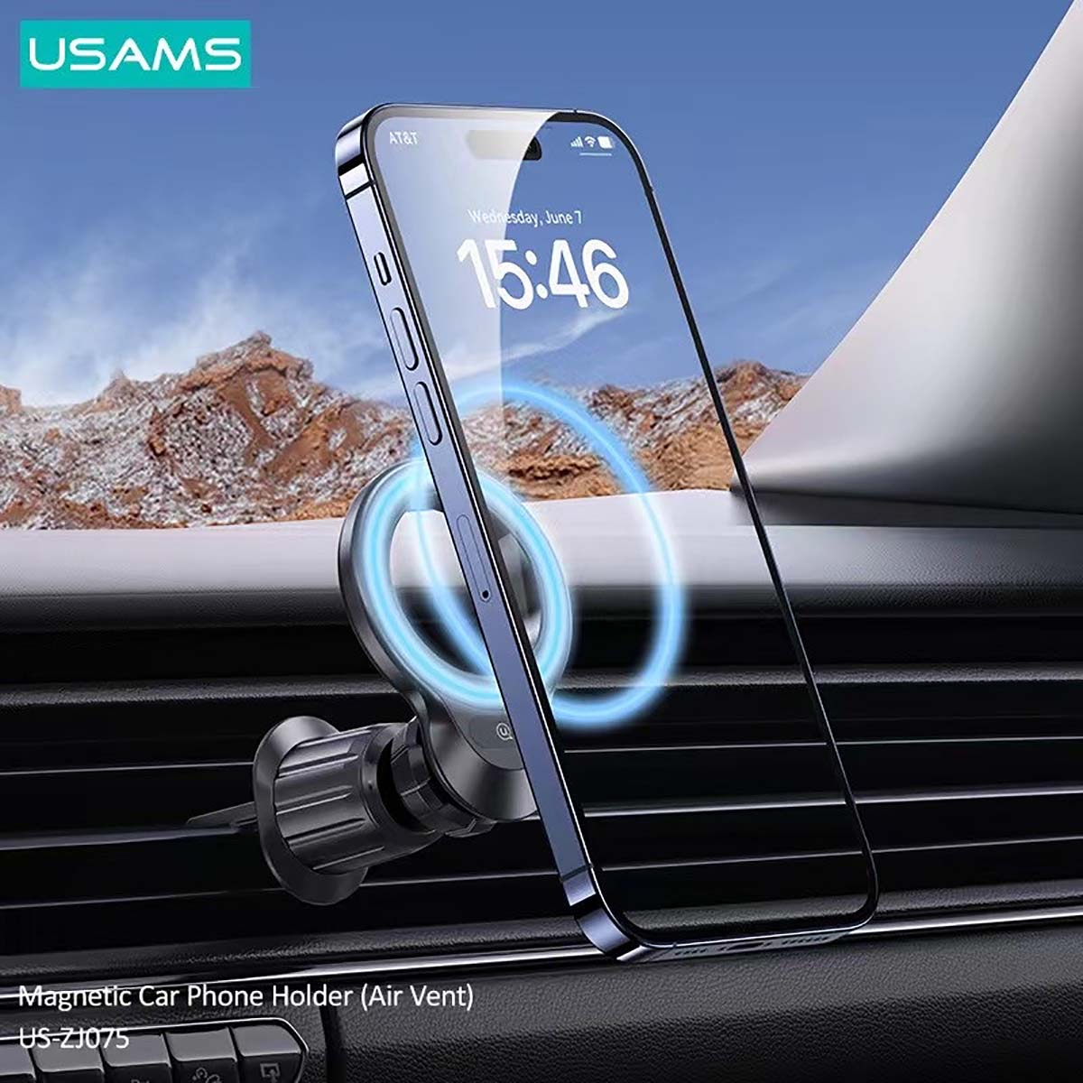 Un telefono è montato su un supporto per bocchetta dell'auto. Il telefono mostra l'ora 15:46. Il supporto è nero e ha un anello magnetico.
