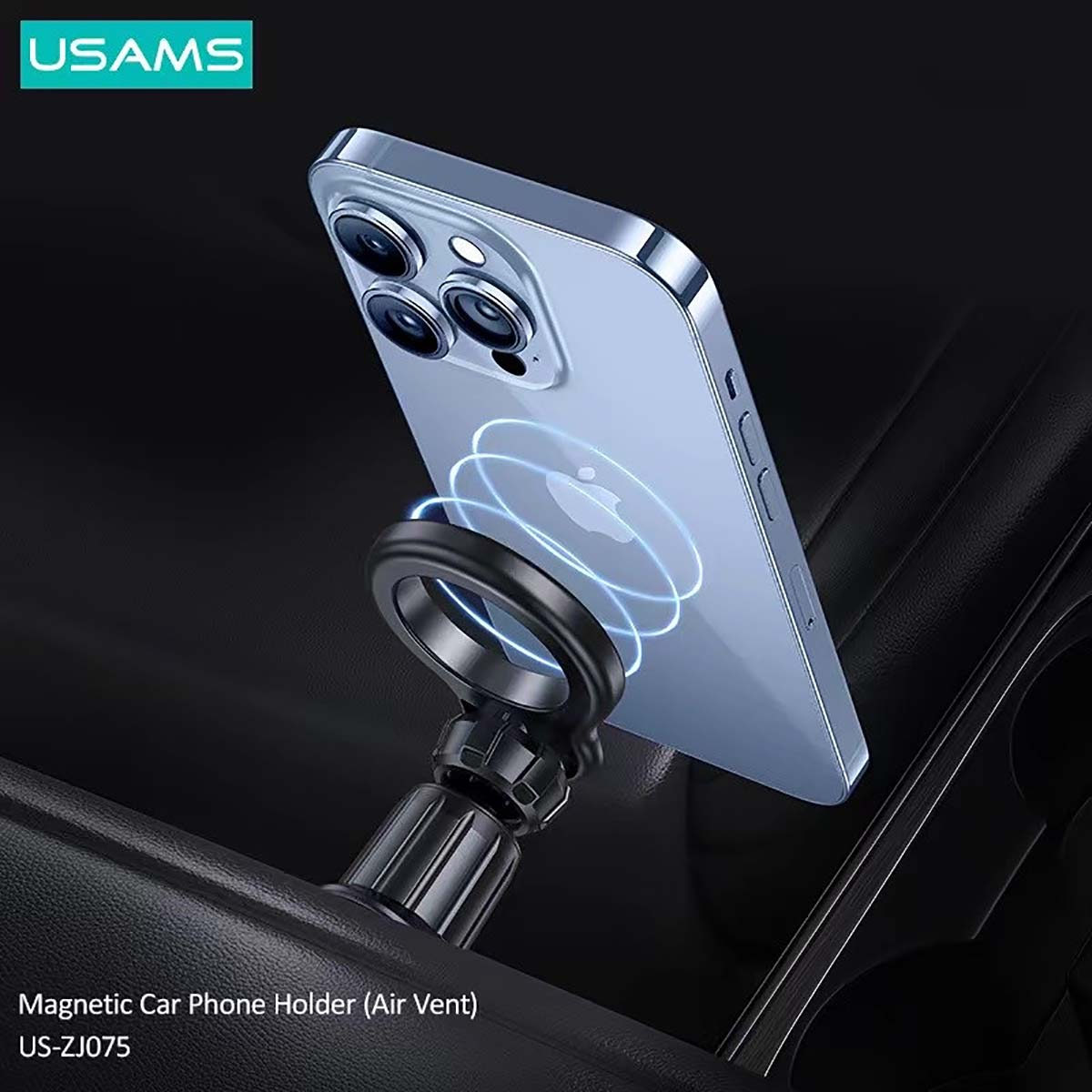 Un telefono collegato a un supporto magnetico per auto. Il telefono è azzurro. Il supporto è nero, con un anello. Lo sfondo è scuro.