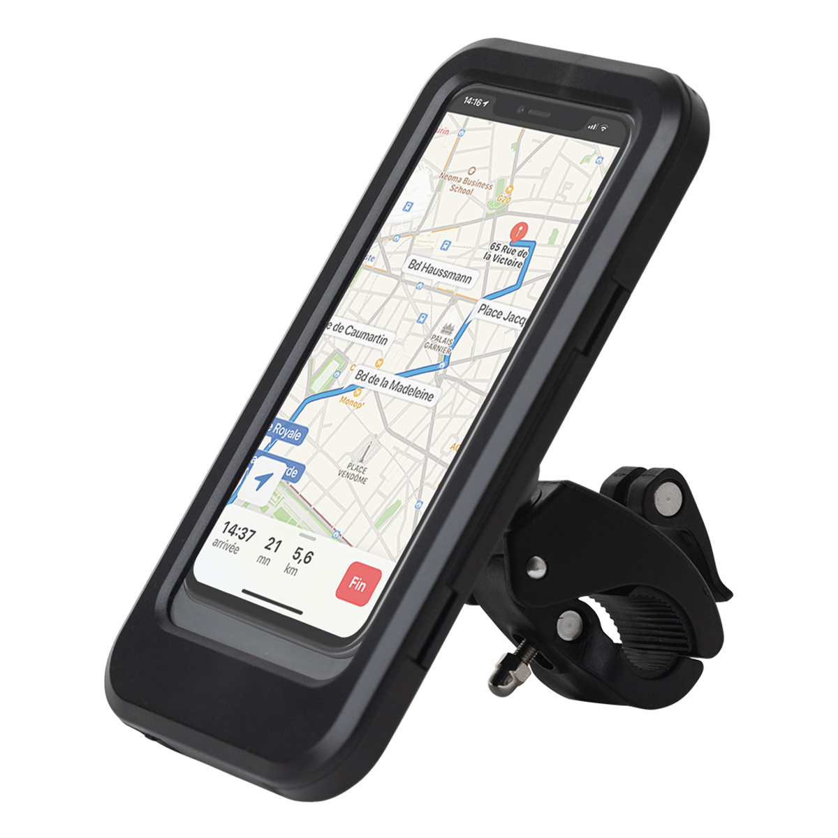 Smartphone negro con navegación de mapas en un soporte sobre fondo blanco. La hora es 14:16, detalles de la ruta visibles.