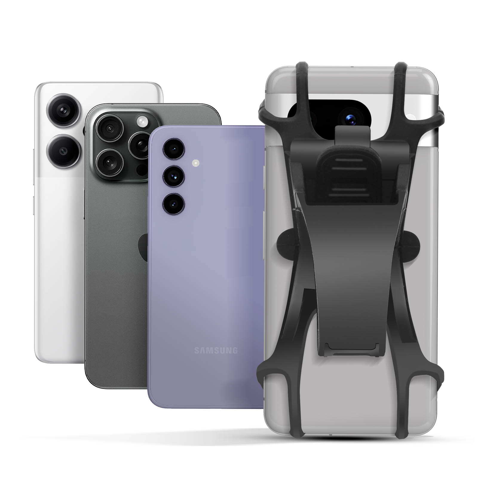 Tre smartphone in fila, con un supporto per telefono. I telefoni sono bianchi, grigi e lavanda. Il supporto è nero.